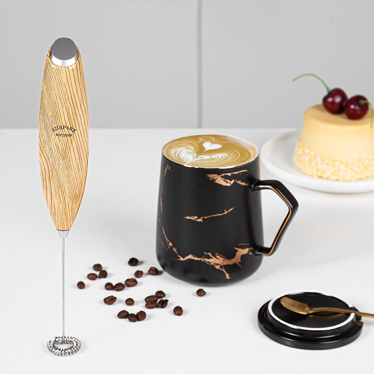 AUSPURE Milk Frother Handheld, Electric Stainless Steel Whisk, for Coffee Latte, Cappuccino, Hot Chocolate, Matcha & Protein Drinks - Battery Operated, Brown Wood