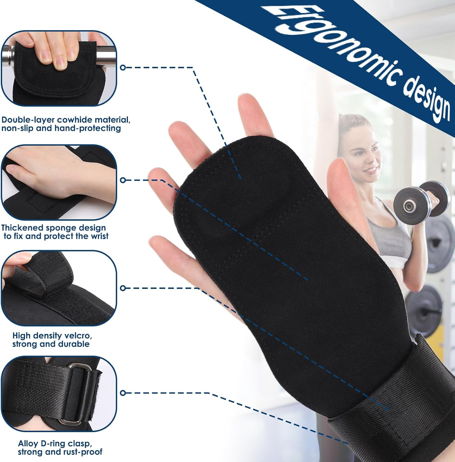 Simpeak Weight Lifting Wrist Strap Gymnastics Hand Grips, Double Leather Weight Lifting Gloves Women Men, Wrist Support Palm Hand Protection for Weightlifting, Cross Training, Pull Ups, Pair Black image number 2
