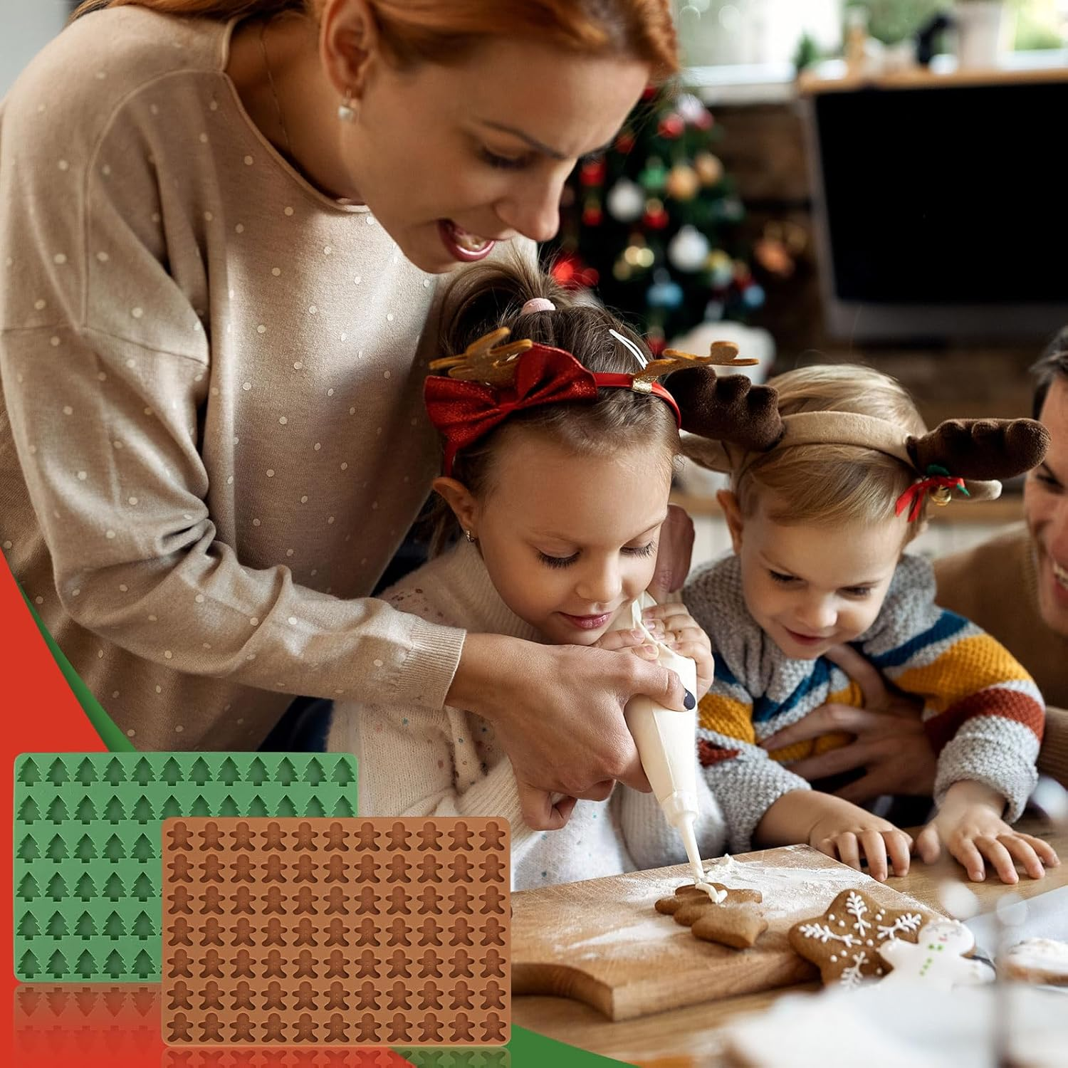 Anydesign Christmas Silicone Molds Mini Xmas Tree & Gingerbread Candy Chocolate Mould Christmas Non-Stick Fondant Baking Mold for Handmade Soap Pudding Jelly Cake Cupcake Topper Decor, 2Pcs image number 1