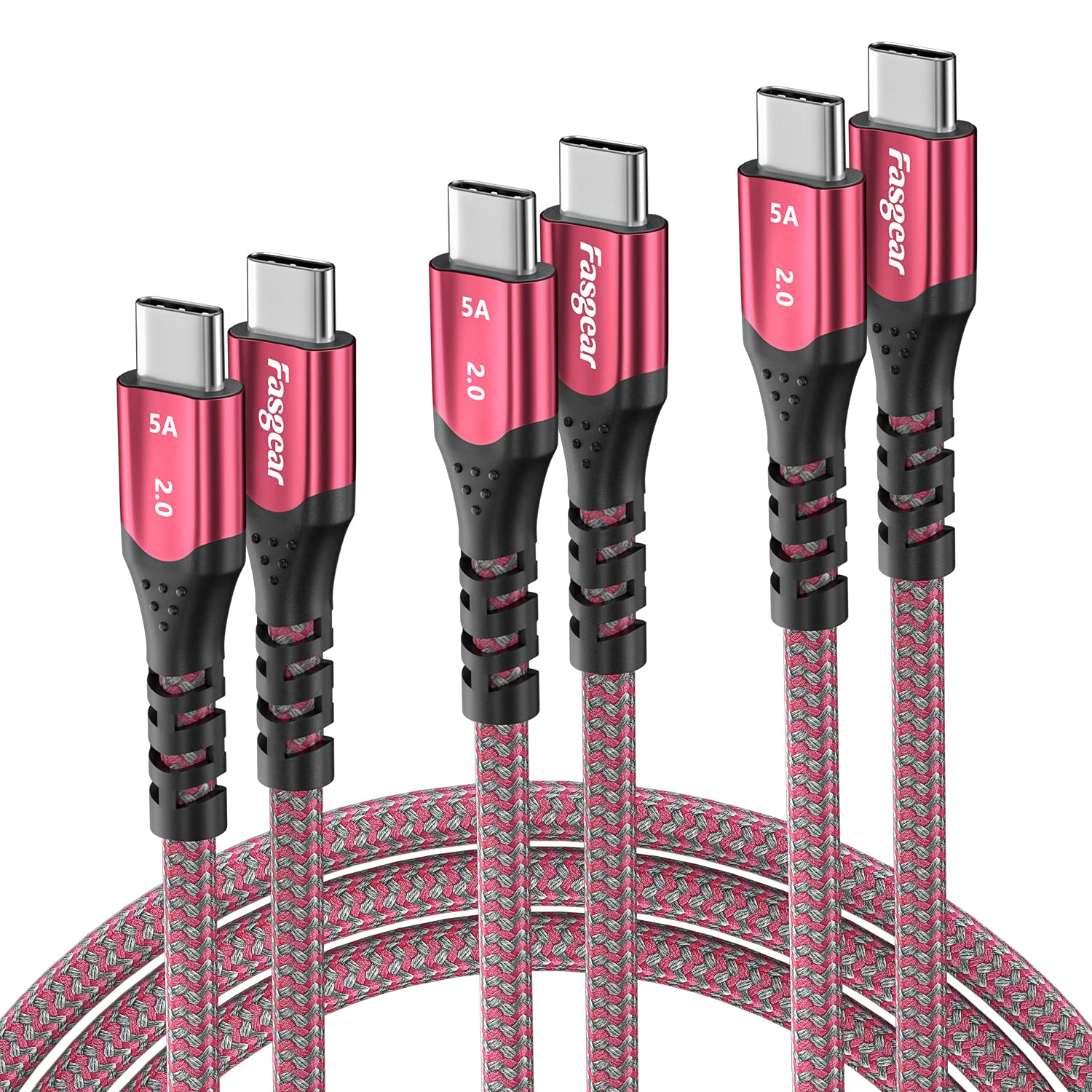 Fasgear 100W USB C to USB-C Cable 3 Pack 50Cm+1M+1.8M PD QC 5A Fast Charging USB 2.0 Type-C Charger Cords Braided Compatible for Macbook Pro Huawei Matebook Ipad Air/Mini 2022 Galaxy S20 Pixel 5 Red