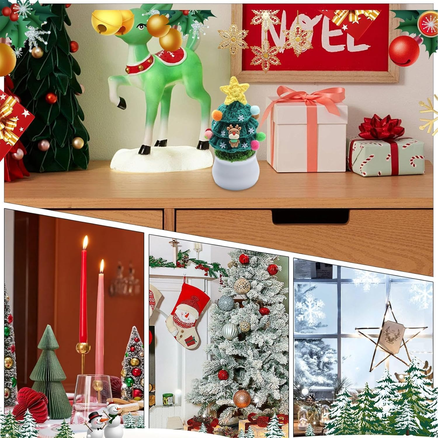 Christmas Tree Table Decor | Knitted Potted Tree Table Decoration with Deer | Winter Decoration, Art Craft for Holiday Home Tabletop Decor