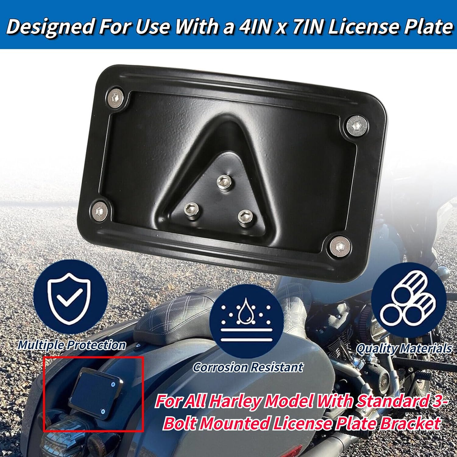 3148 Curved Laydown License Plate Mount with Frame Compatible with Harley Davidson 3 Hole Mount (Black) - Black image number 3