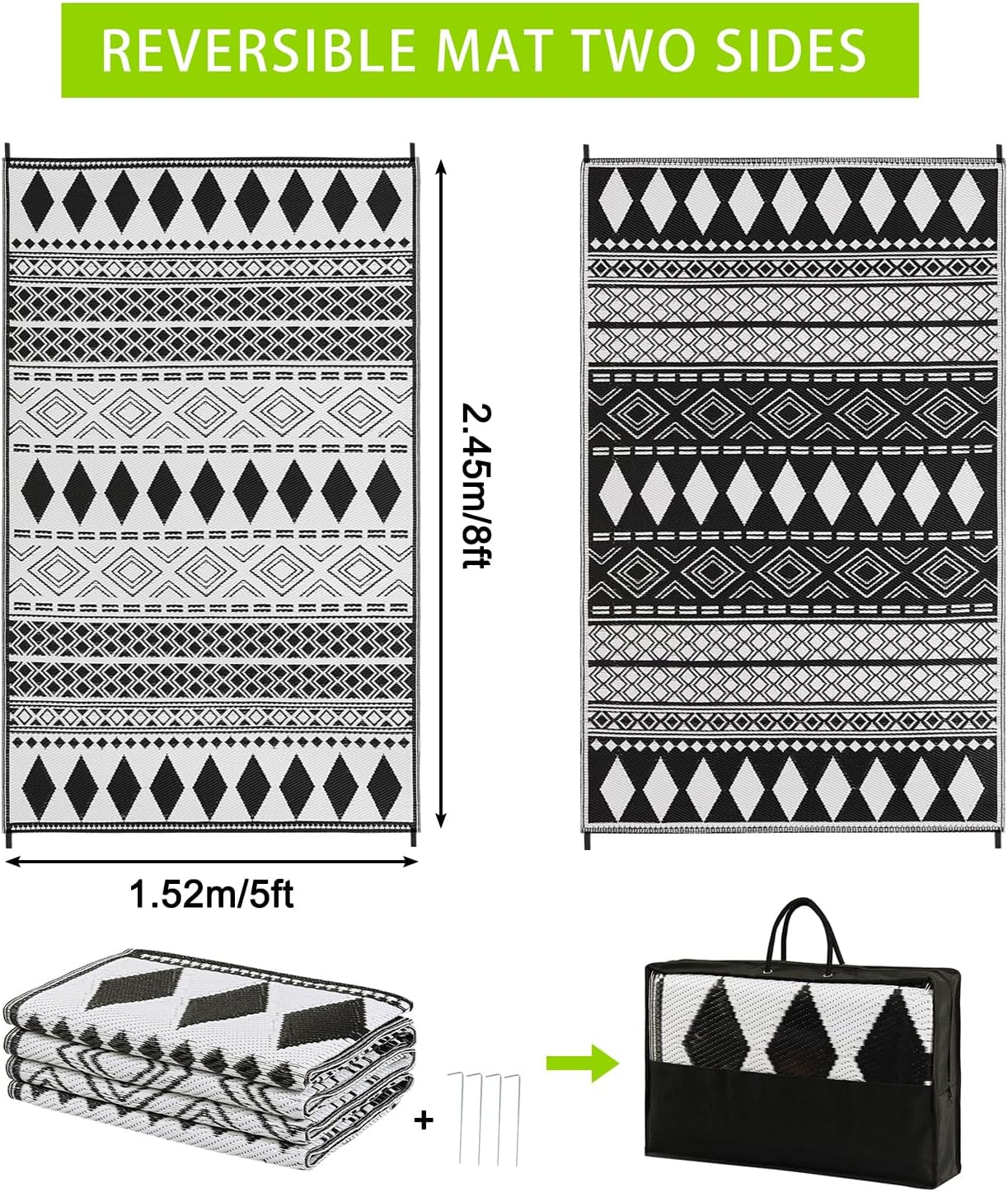 Outdoor Rug Patio Rugs Picnic Rug Waterproof Lightweight Plastic Straw Camping Outdoor Mat 152X244Cm for RV Courtyard Backyard Deck Balcony Garden Porch (Black&White) image number 4