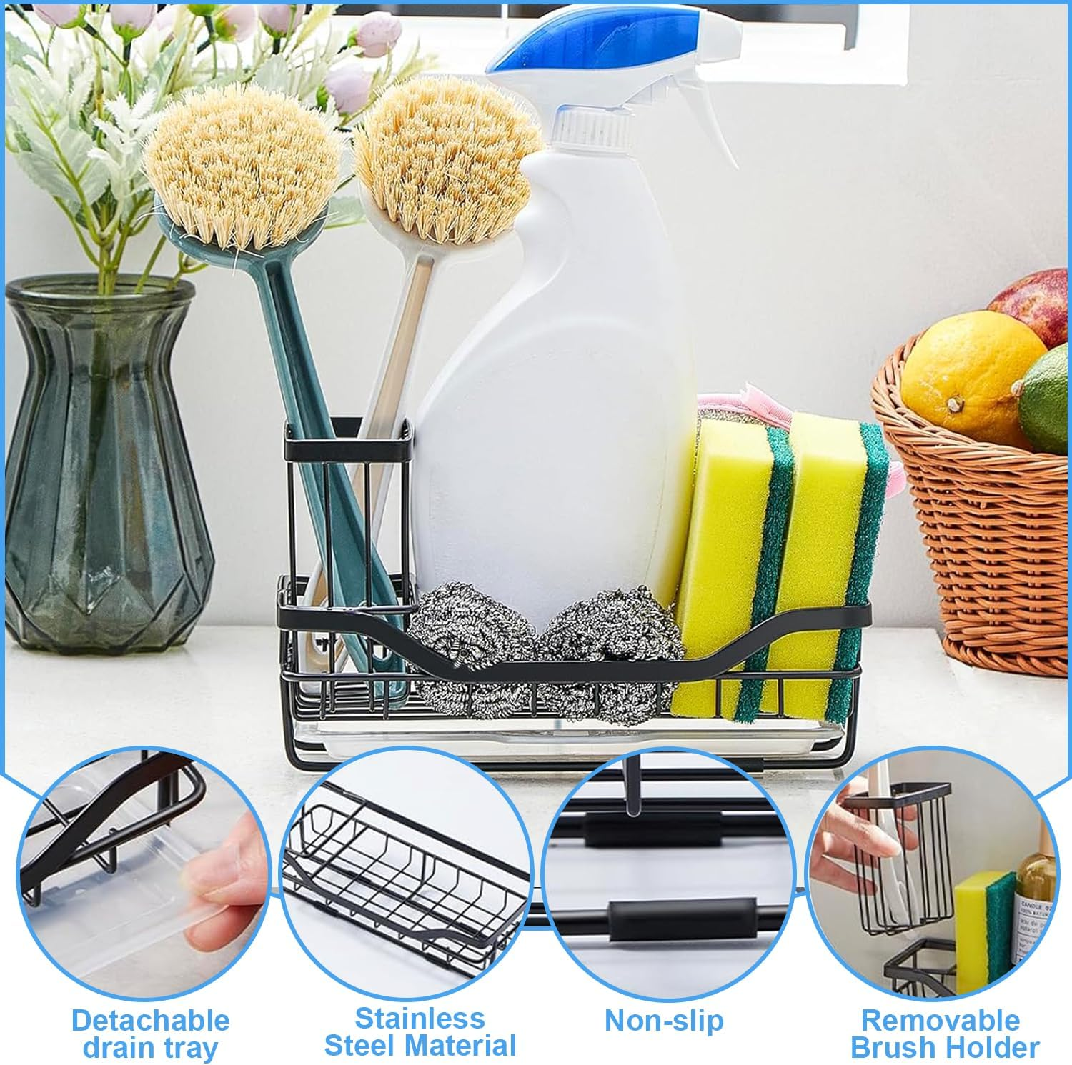 Sponge Holder for Kitchen Sink Organizer，Kitchen Accessories，Kitchen Sink Counter with Detachable Brush Holder & Drain Tray，Kitchen Sink Caddy，Kitchen Organizer，Stainless Steel，Black image number 2