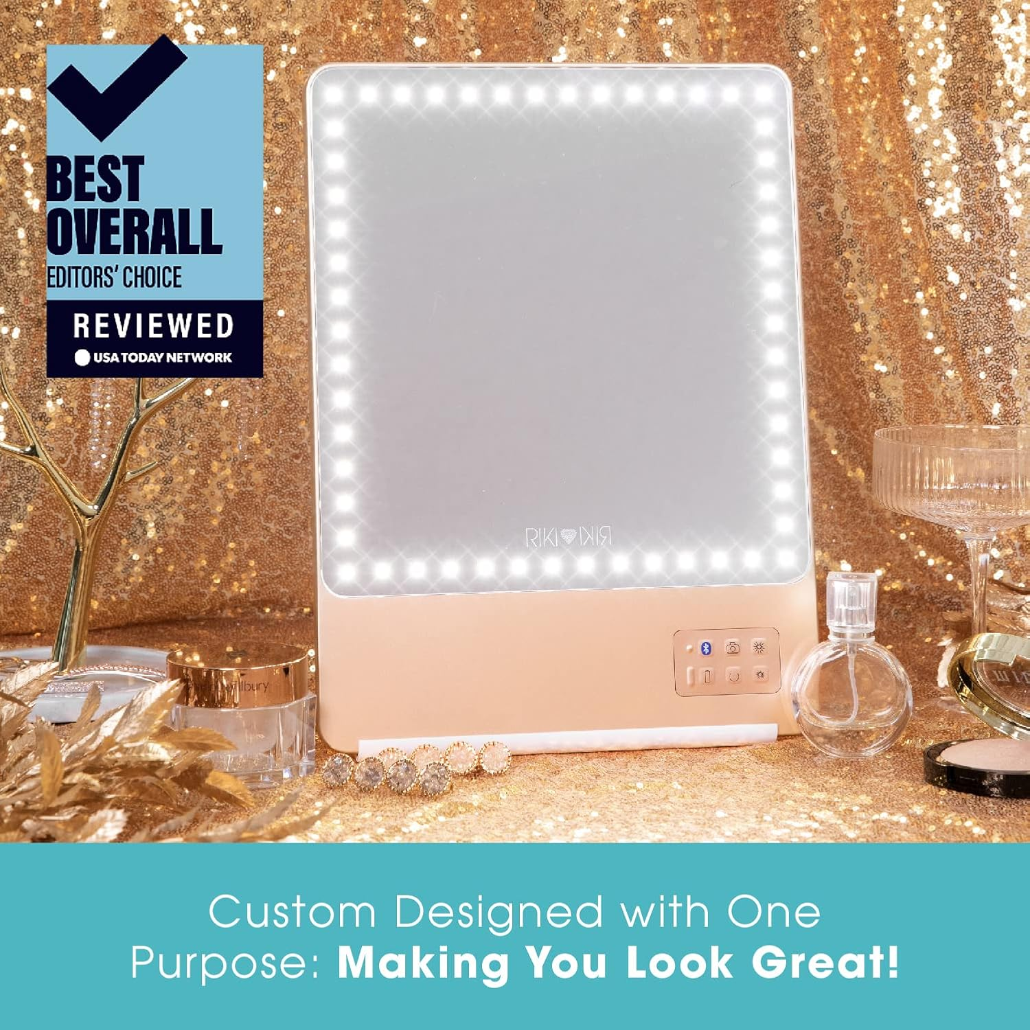 Riki Skinny Smart Vanity Mirror with HD Leds, Magnifying Mirror Attachment, Phone Holder and Bluetooth Control (5X Magnification, Champagne Gold) image number 1