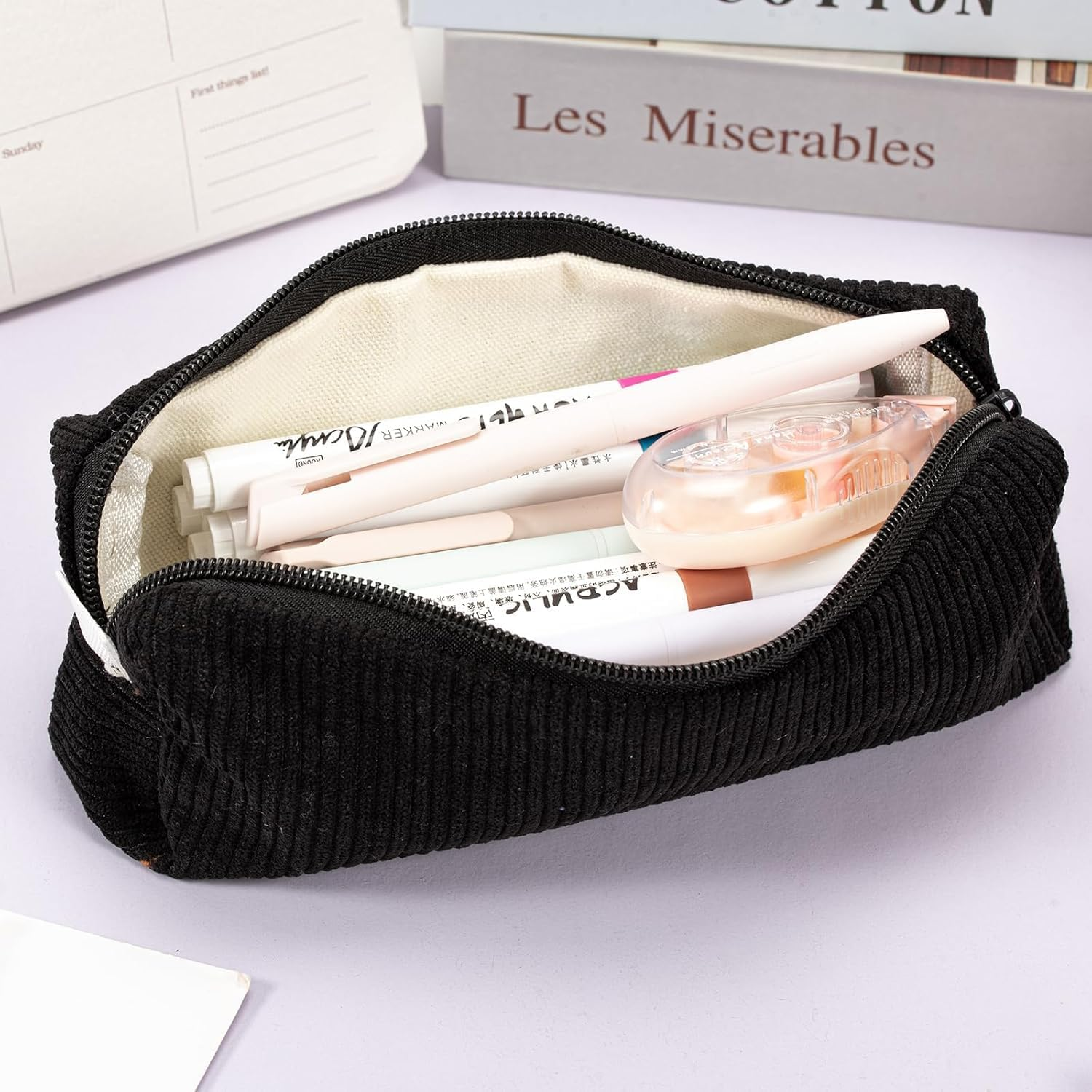 Pencil Case,Small Portable Corduroyfabric Pen Holder Storage Bag for Home School Office,Makeup Pouch Cosmetic Bag Office Stationery Organizer for Girls Boys Kids Adult (Black) image number 2