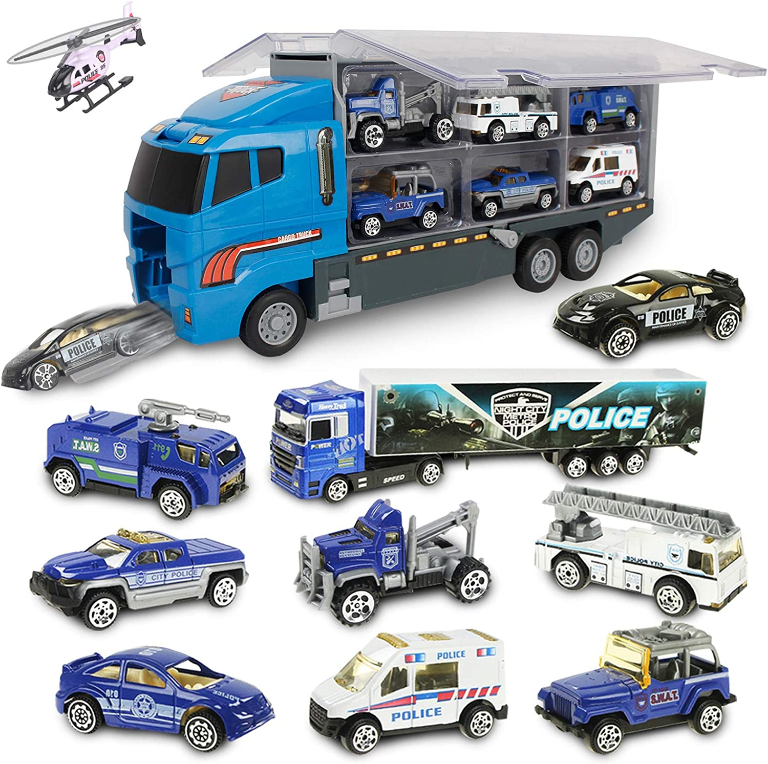 Jenilily Police Car Toy Truck Mini Rescue Vehicles Playset in Carrier Truck for Kids 3 4 5 Years Old