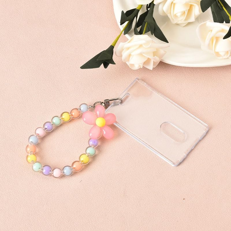 Kpop Photo Card Holders Keychains Acrylic Coloful Beads Flower Pendant Transparent ID Card Sleeves Protector for School Bus Work Card Holders for Women Photocard Holder image number 5