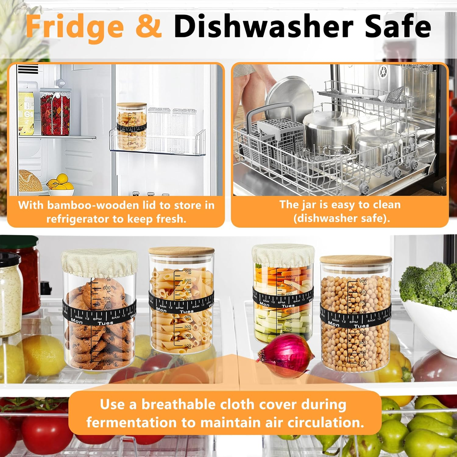 Sourdough Starter Jar Kit 900Ml, 30Oz Sourdough Starter Kit, Heat Resistant Glass Container, Scale Thermometer Strip Spatula Level Band Cloth Cover Lable Pen image number 4