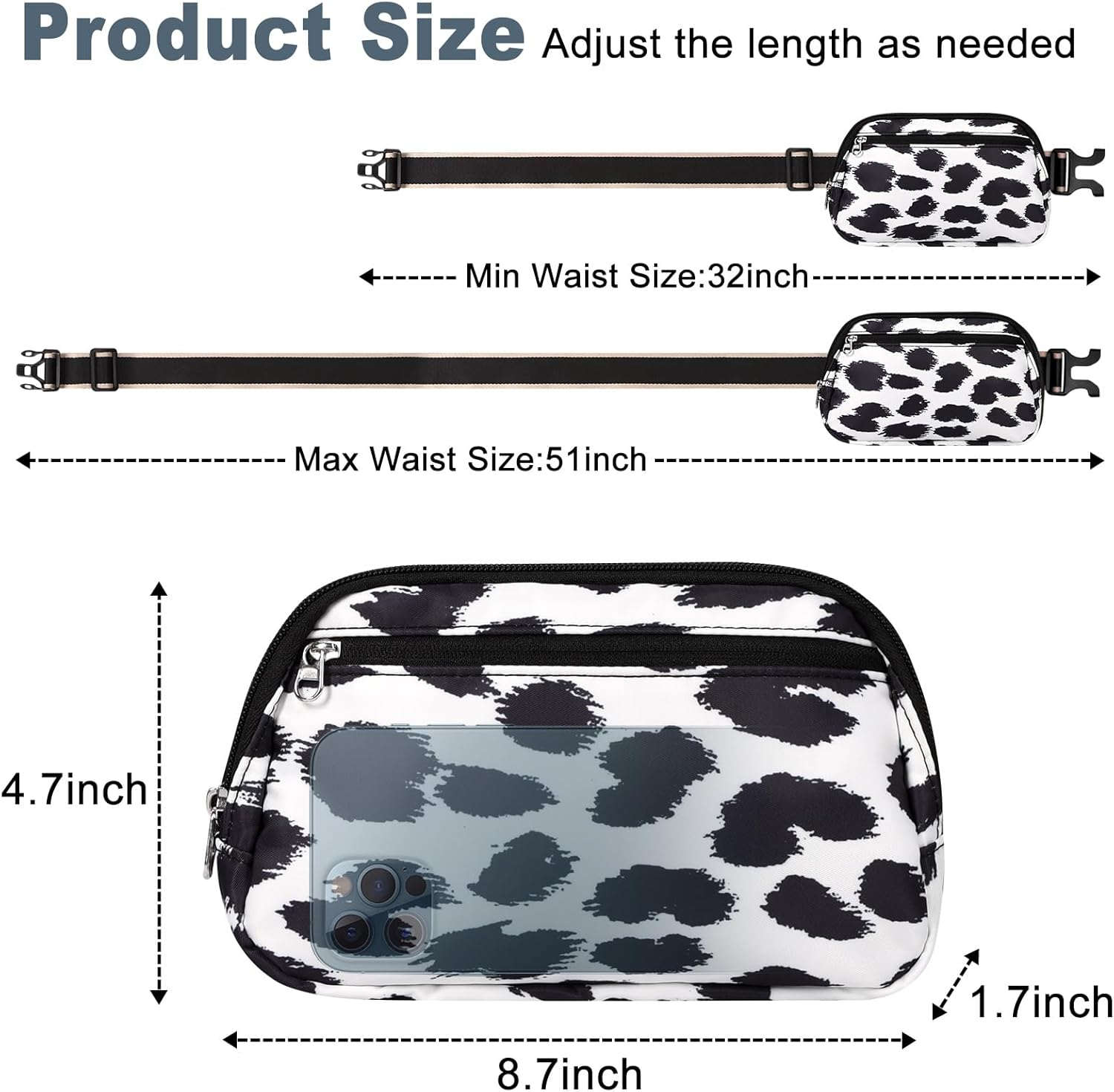 Dmluna Small Crossbody Bags for Women Trendy, Lightweight Fanny Pack for Women & Men, Mini Belt Bag, Waist Bag with Adjustable Strap for Running Workout Traveling, Z - Black/White Leopard, Small, image number 6