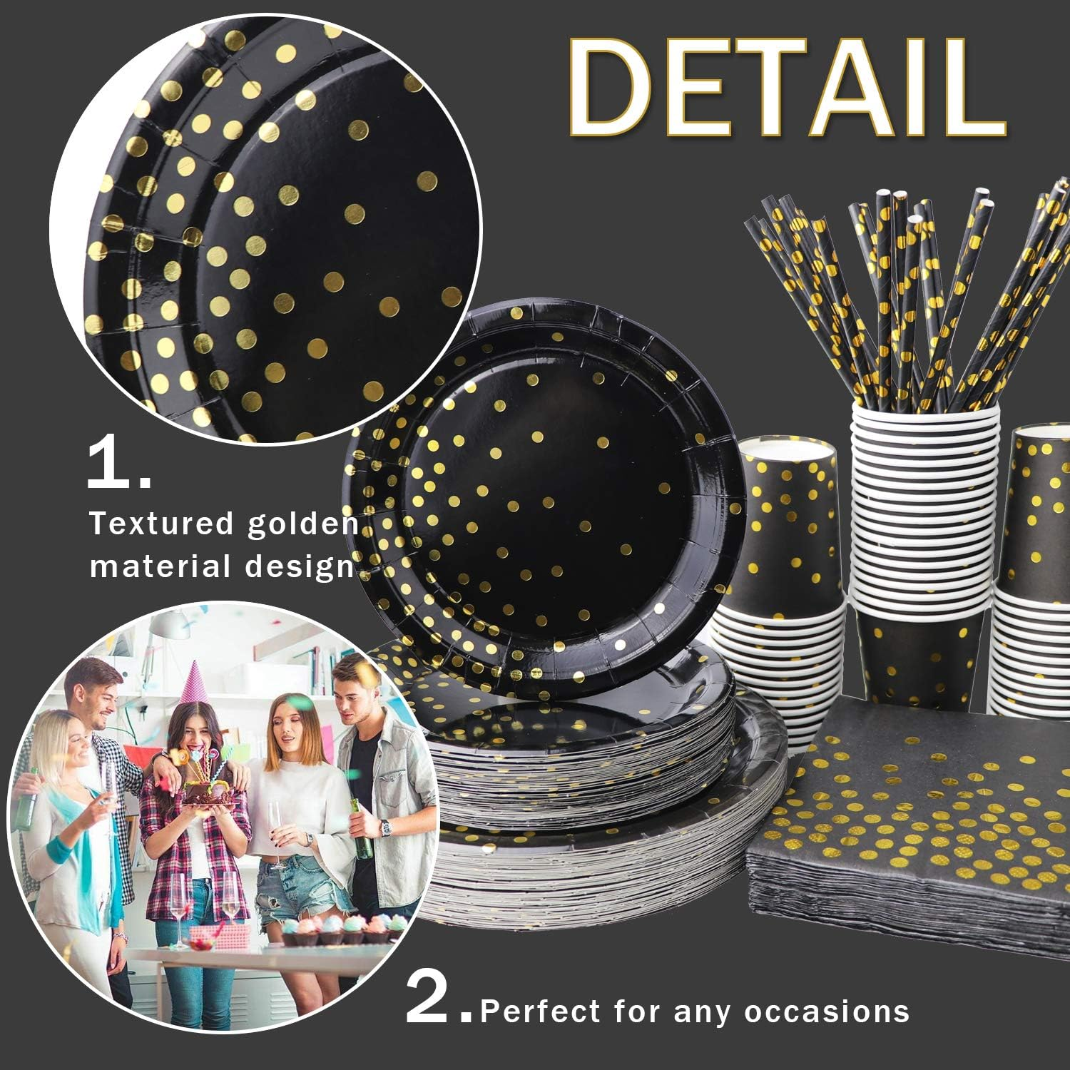 310PCS Black and Gold Party Supplies - Disposable Paper Plates Dinnerware Set Rose Gold Dots 50 Dinner Plates 50 Dessert Plates 50 Cups 50 Napkins 50 Straws 60 Balloons Birthday Party Wedding Holiday