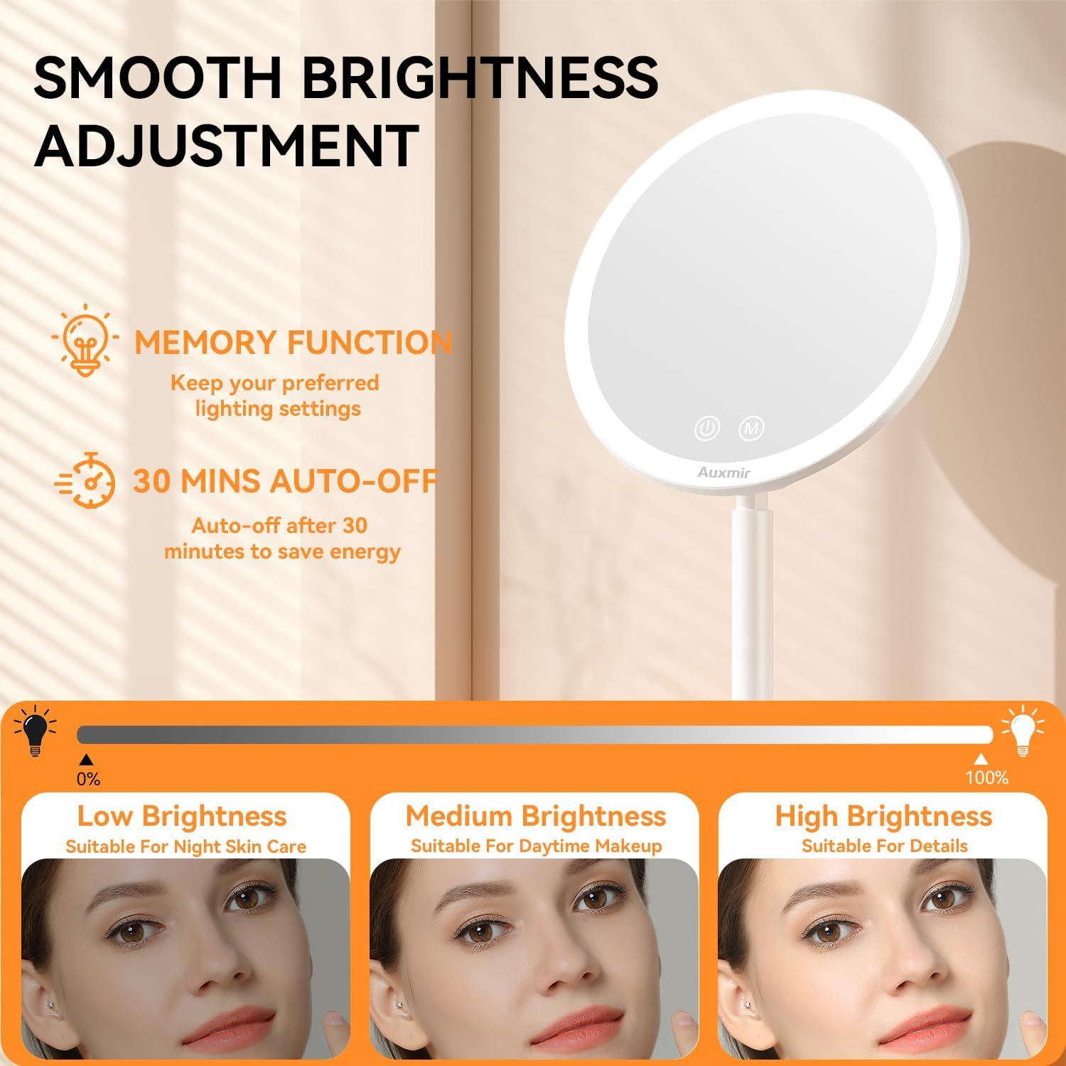 Auxmir Makeup Vanity Mirror with 46 LED Lights, Rechargeable 5X Lighted Magnifying Tabletop Mirror with Smart Touch Screen, 3 Light Colors Adjustable Dimmable Freestanding Cosmetic Mirror with Tray image number 1