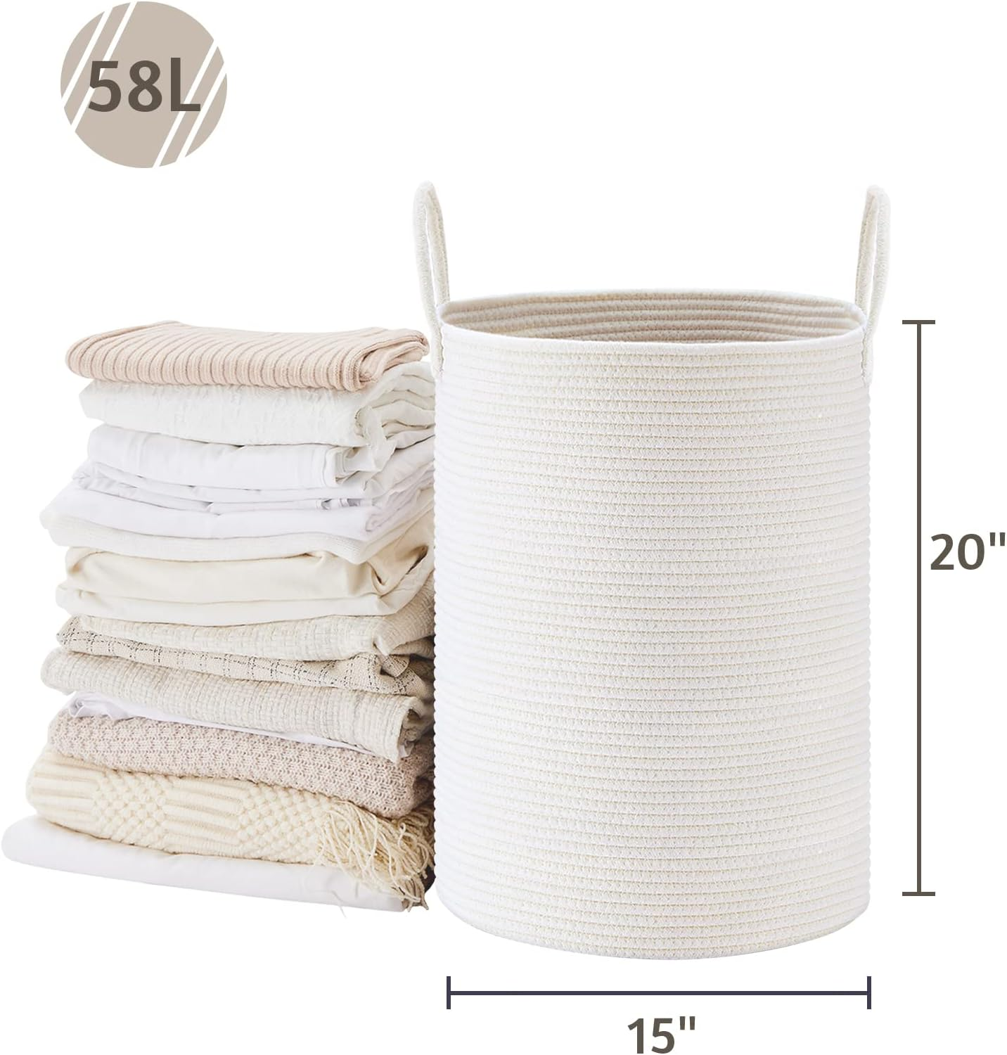 VIPOSCO Large Laundry Hamper, Tall Woven Rope Storage Basket for Blanket, Toys, Dirty Clothes in Living Room, Bathroom, Bedroom - 58L White image number 6