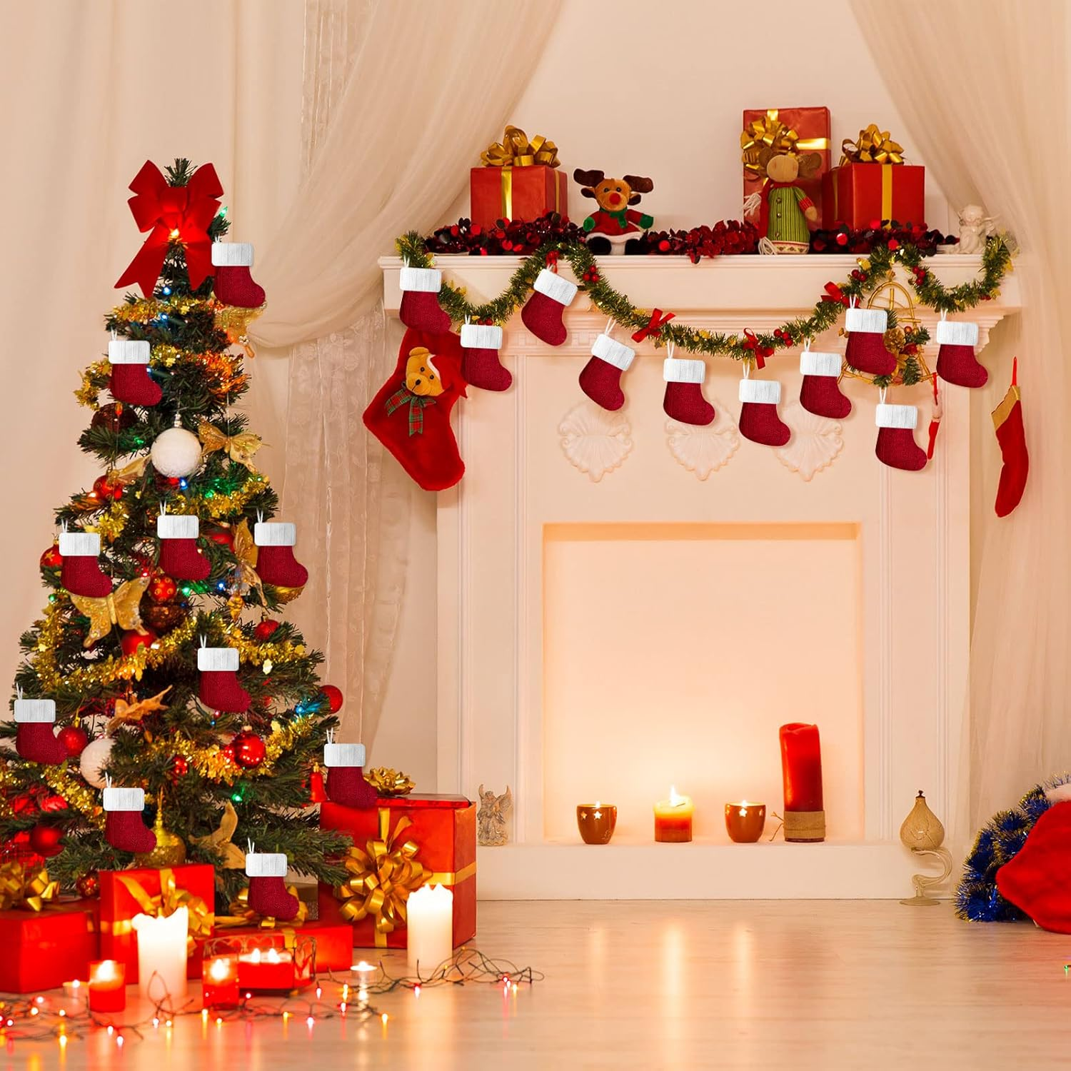 24 Pcs Christmas Mini Stockings Red Cable Xmas Rustic Stocking Mini Stockings Christmas Bulk Little Holiday Hanging Decorations Christmas Tree Ornaments for Fireplace Mantel Tree (Vintage Style)