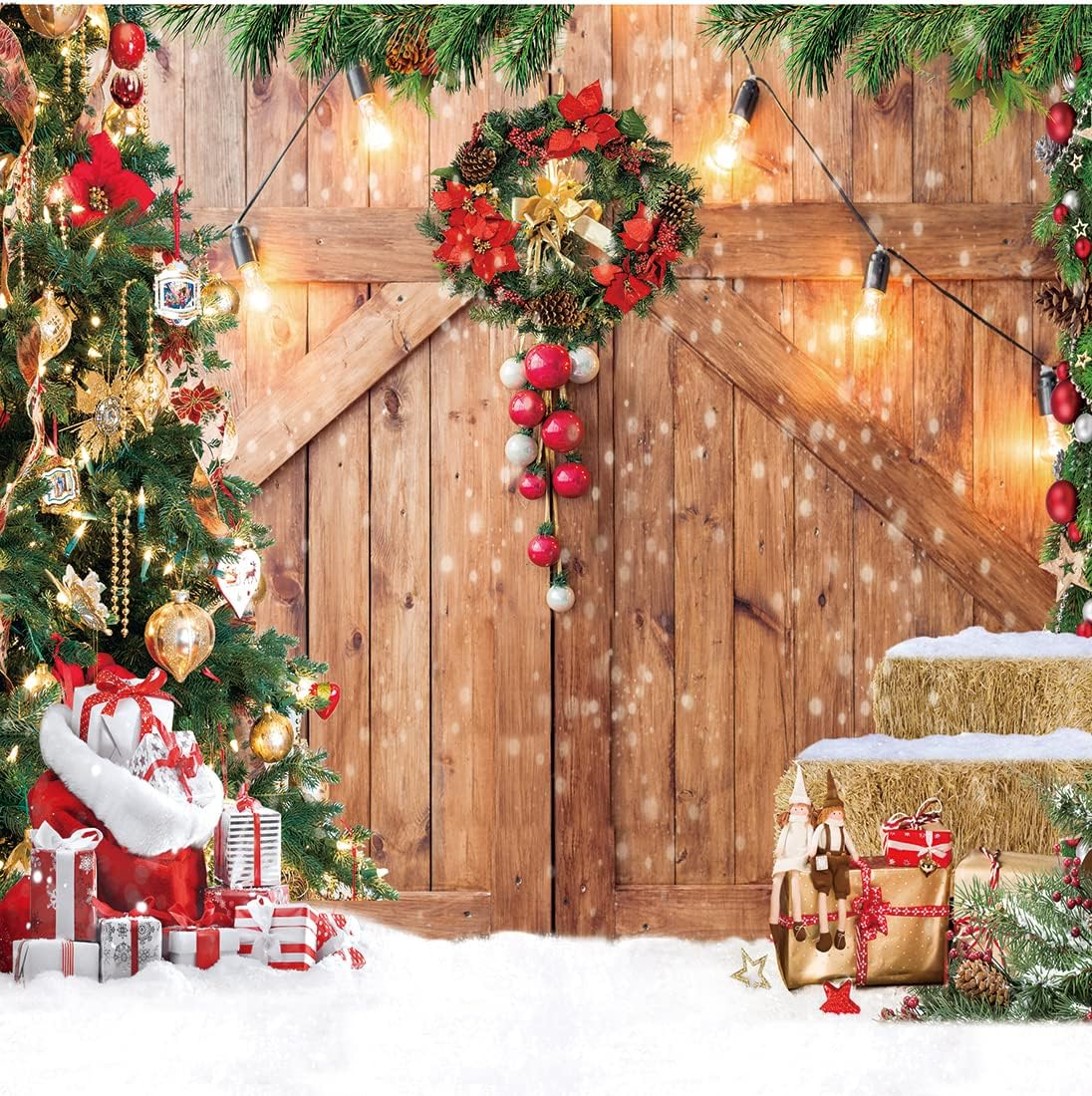 CHAIYA 10X10Ft Christmas Backdrop Christmas Barn Door Photography Backdrop Xmas Tree Snow Wall Background Xmas Party Supplies Family Kids Party Banner Decorations Backdrops CY177 image number 1