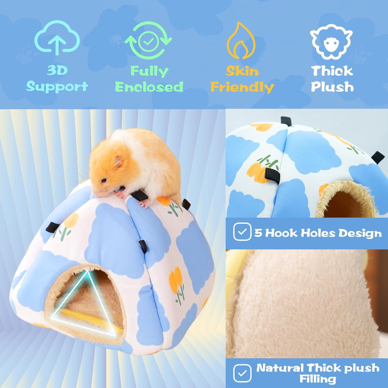 SUSOO Plush Warm Hamster Hideout for Small Animal Bedding Cage Accessories,Breathable Guinea Pig Bed House Hideout for Dwarf Rabbits,Chinchillas,Hamsters,Hedgehogs,Squirrel and Rats（Flowers/M/Size image number 6