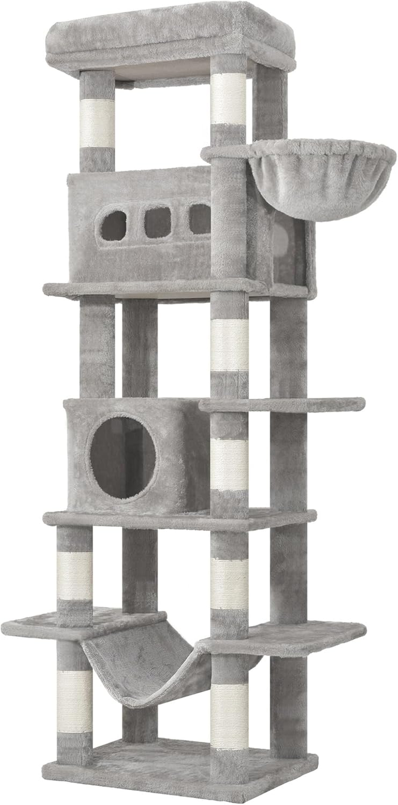 Hzuaneri 170 Cm Cat Tree for Indoor Cats, Large Tall Cat Tower, Multi-Level Cats House with Condo, 8 Scratching Posts, Hammock, 4 Pom Poms, Light Grey MS17018LG