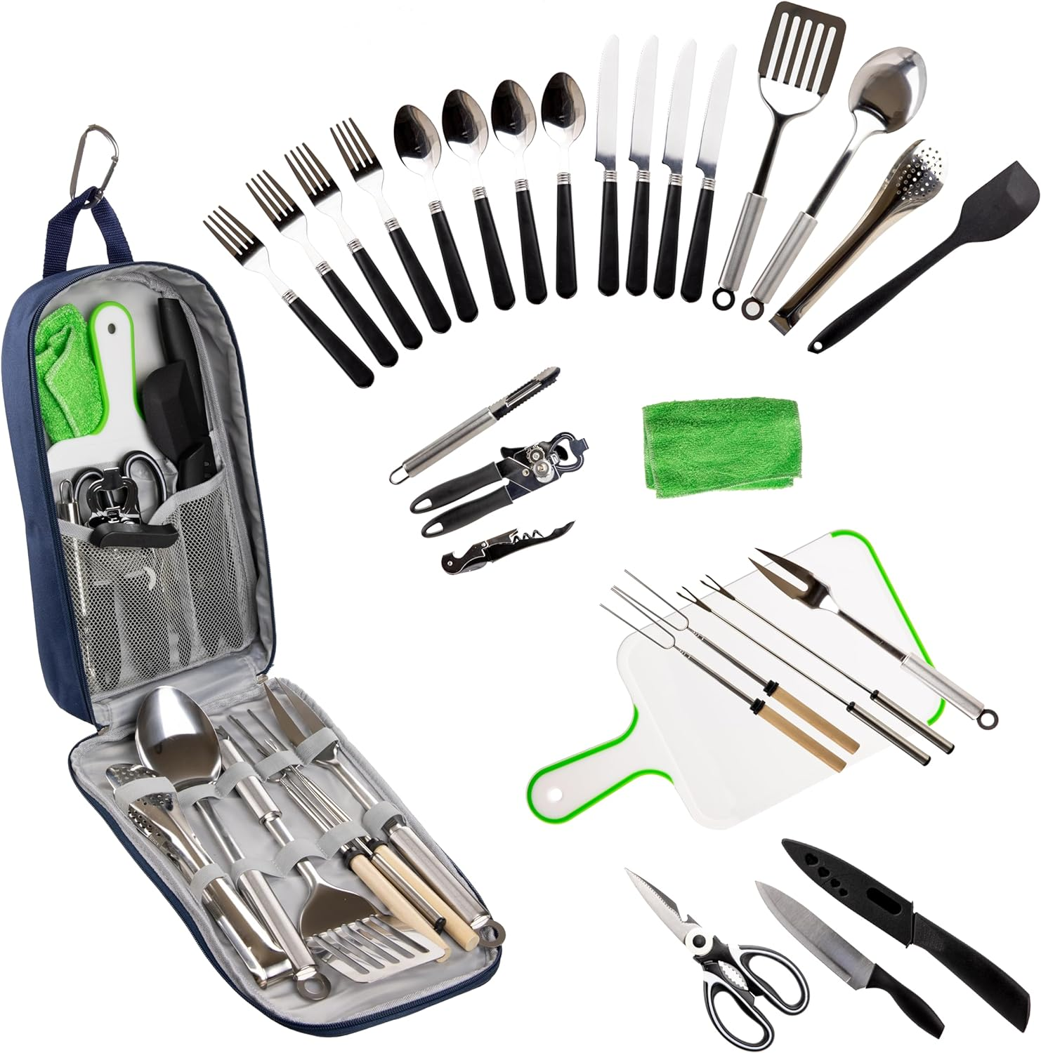 Camp Cooking Utensil Set & Outdoor Kitchen Gear Cookware Kit, Portable Compact Carry Case for Camping, Hiking, Travel, BBQ Grilling Stainless Steel Accessories Spoon & Fork
