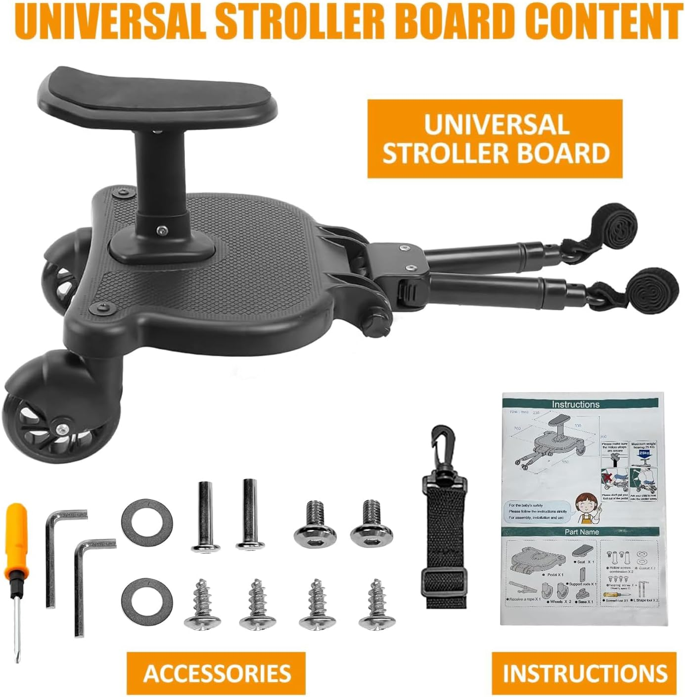 Universal Stroller Board with Replaceable Seat, 2 in 1 Sit and Stand Stroller Board, Stroller Standing Board, Stroller Attachment for Toddler to Ride, Holds Children up to 55Lb image number 3