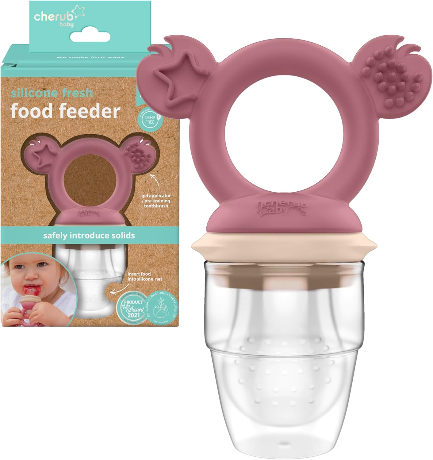Cherub Baby Non-Toxic BPA Free Silicone Fresh Food Feeder, Self-Feeding, Dishwasher, Freezer and Steriliser Safe, 4 Months and Older - Dusty Rose/Sand