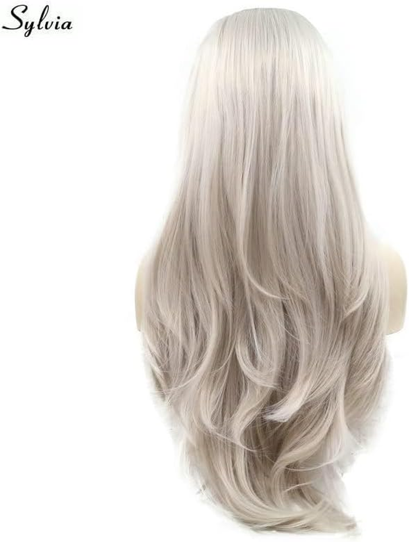 Xiweiya Long Silver Blonde Lace Front Wigs Light Silver Synthetic Lace Front Wig 13X3 Lace Silver Grey Wig Heat Resistant Fiber Half Hand Tied Middle Part for Women Drag Queen 24Inch image number 2