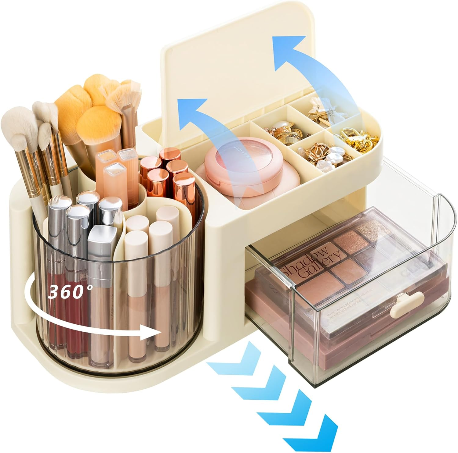 Desk Organizer, 360-Degree Rotating Pen Holder for Desk, Desk Organizers and Accessories with 6 Compartments Pencil Organizer, Art Supply Storage Box Caddy for Office, Home (White) - Cream image number 4