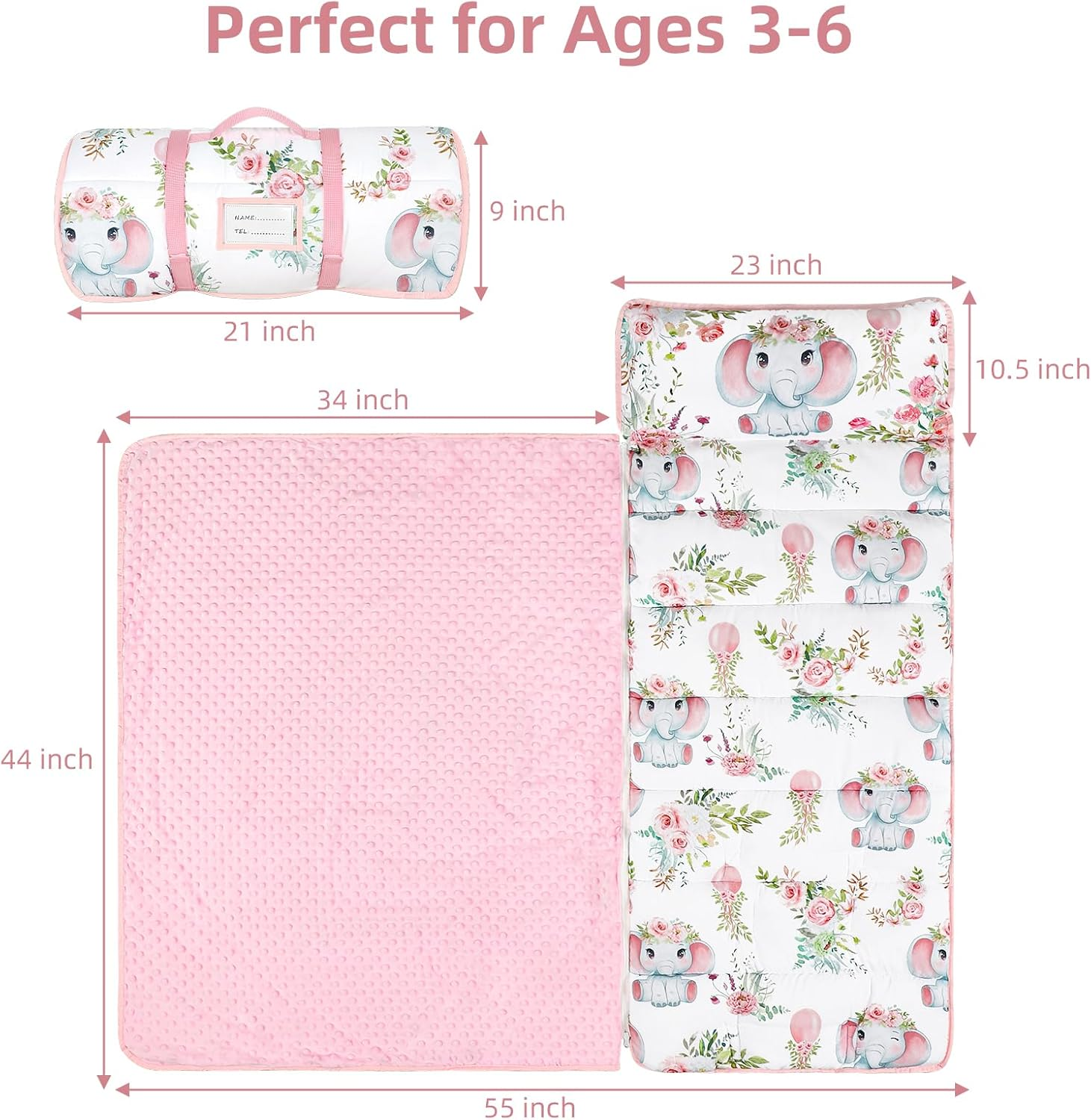 Toddler Nap Mat for Preschool, Soft Sleeping Mats for Kids Boys Girls, Detachable Zipper, 55" X 23" Fit Stackable Kiddie Cot, Pink Elephants image number 3