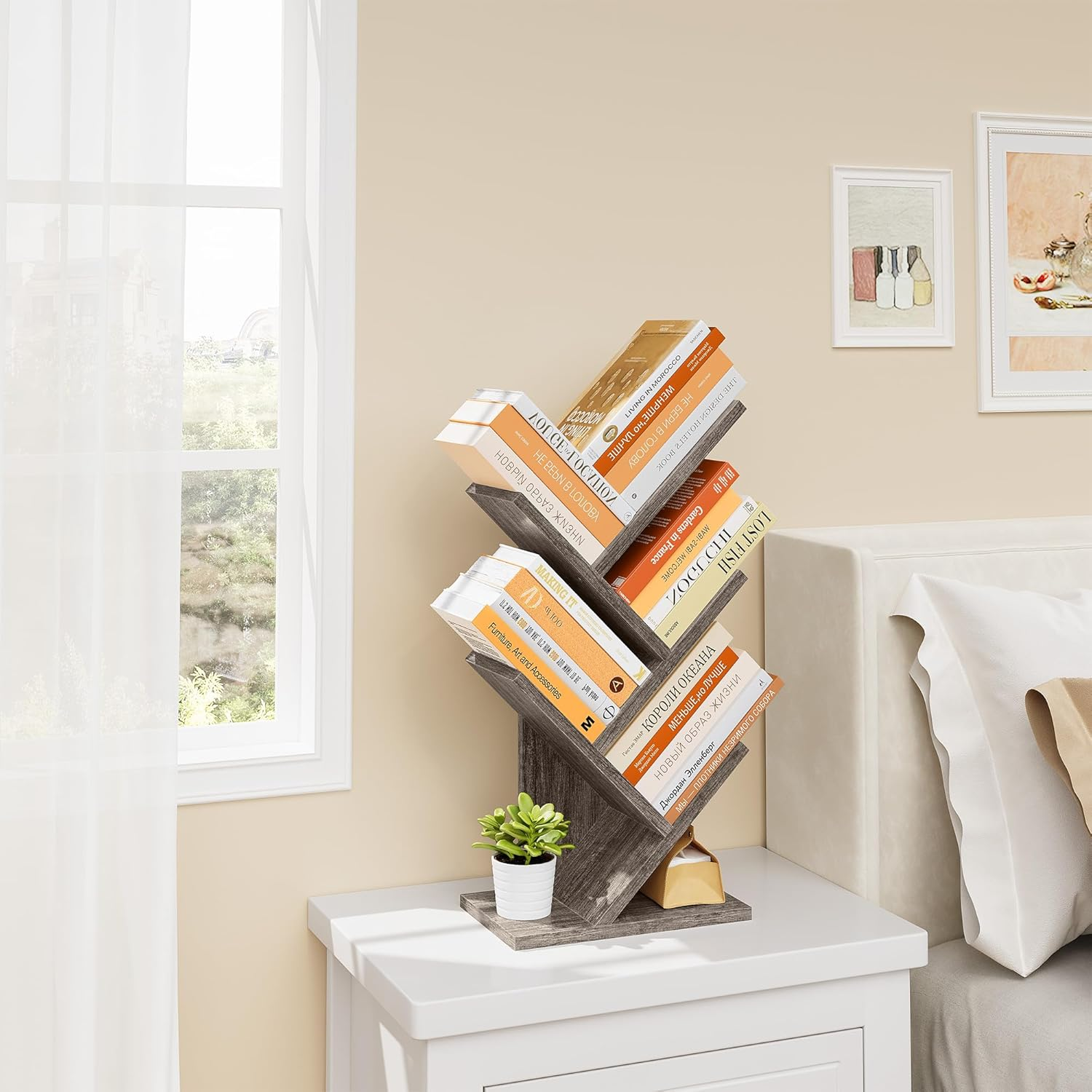 Hoctieon 4 Tier Tree Bookshelf, 4 Shelf Bookcase, Free Standing Tree Bookcase, Display Floor Standing Shelf for Books, Book Organizer Shelves for Home Office, Living Room, Bedroom, Grey image number 6