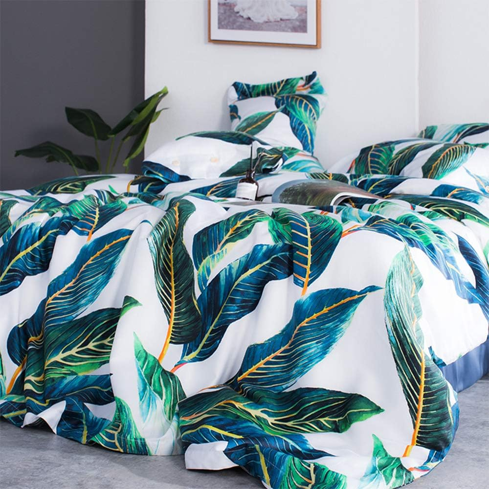 AMWAN Green Leaves Duvet Cover Set King Chic Floral Cotton Tropical Bedding Long Staple Cotton Duvet Comforter Cover Set Bedding Cover Set King image number 6