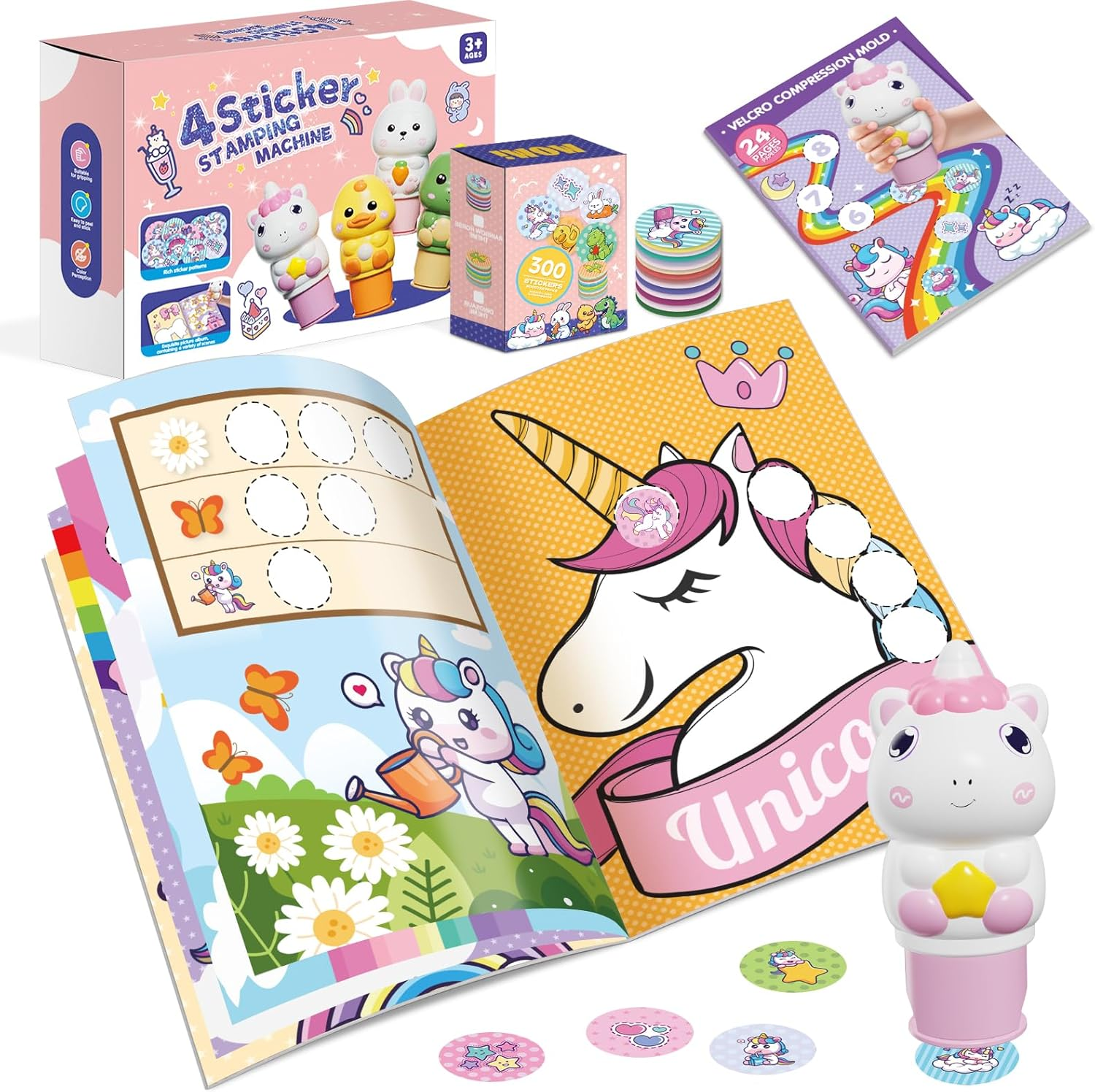 Sticker Stamper Unicorn Toys for Girls 3 4 5 6, 24-Page Activity Pad and 300 Stickers,Arts and Crafts Fidget Toy, Sticker Books Travel Toy for Toddler 3+ image number 3