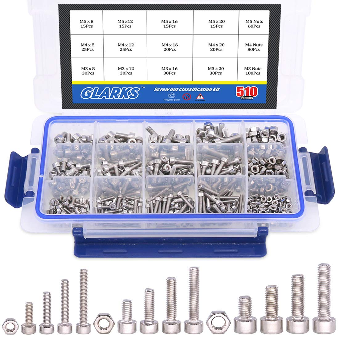 Glarks 510Pcs Metric M3 M4 M5 Stainless Steel Flat Head Cap Bolts Screws Nuts Assortment Kit image number 6