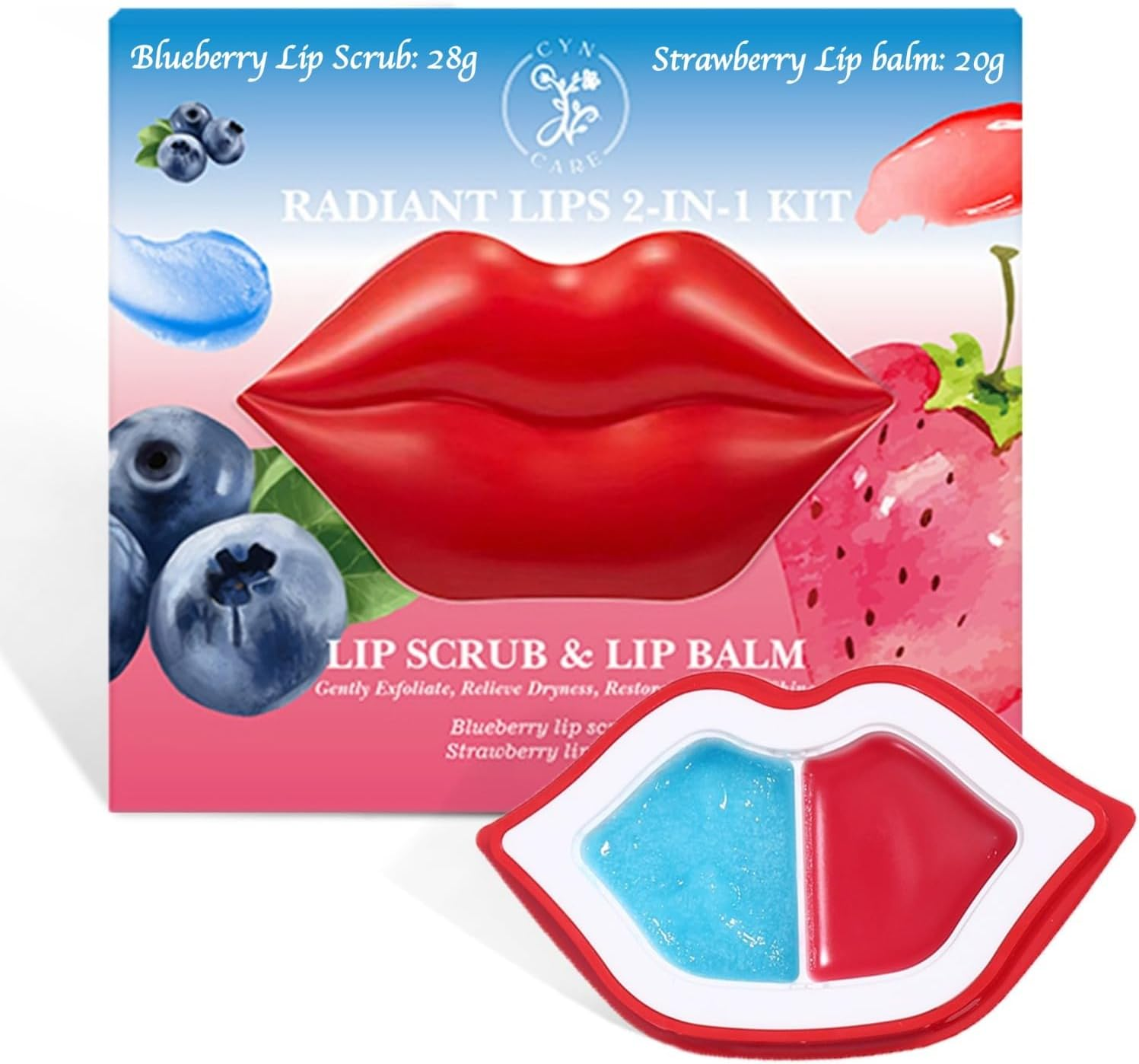 2-In-1 Lip Care Kit &ndash; Blueberry Lip Scrub Exfoliator (28G) & Strawberry Moisturizing Lip Balm (20G) | Lip Lightening for Dark Lips | Exfoliating Lip Scrub & Lip Balm Set for Soft, Hydrated Lips (48G) image number 2
