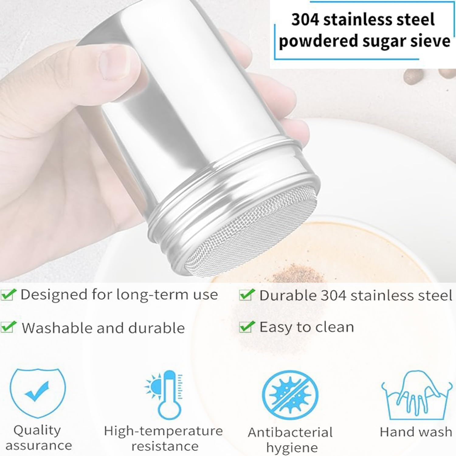 1 Powdered Sugar Shaker with Lid, Stainless Steel Fine Mesh Shaker, Powder Jar Salt Coffee Cocoa Powder, with Printing Mold Template image number 1