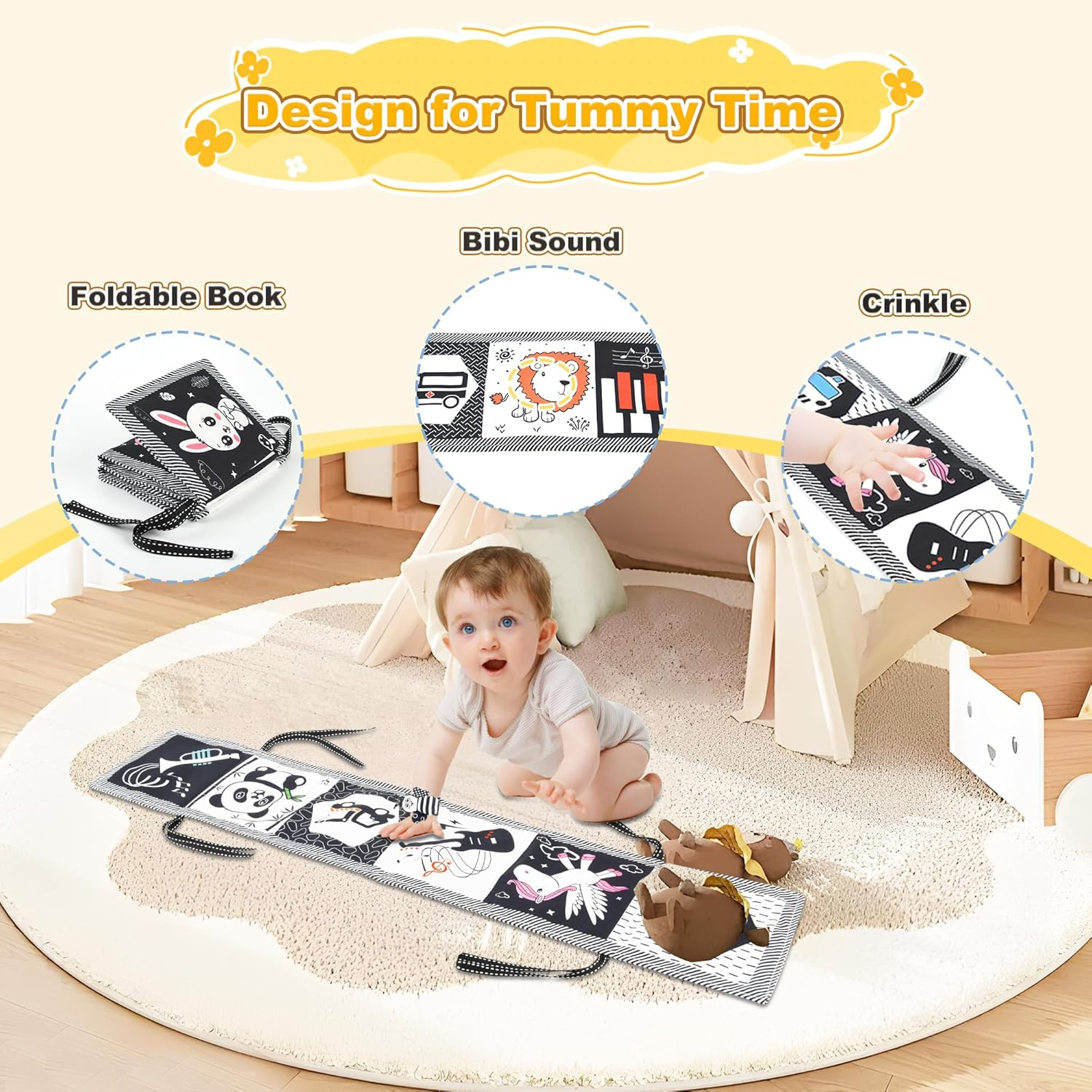 Black & White High Contrast Baby Toys - 0-3 Months Montessori Sensory Soft Book for Newborns, Boys & Girls image number 1