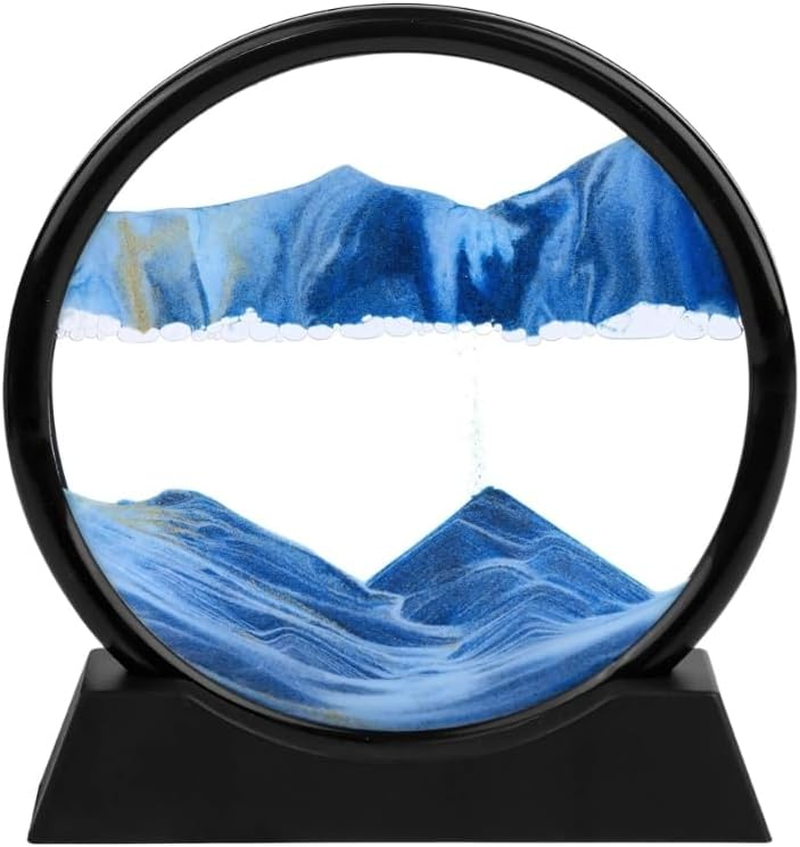 Flowing Sand 3D Natural Landscape Dynamic Art, round Glass Deep Sea Sandscape for Home Ornament, Desktop Art, Bookshelves Decoration (Black, 7 Inches)