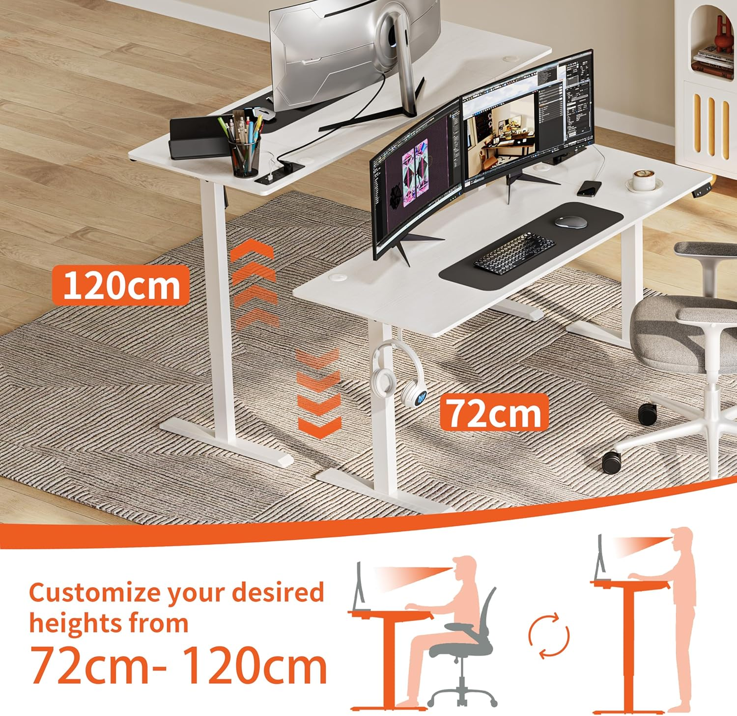 JOISCOPE Height Adjustable Electric Standing Desk with Power Outlet, 55-Inch Computer Desk for Home and Office, White image number 5