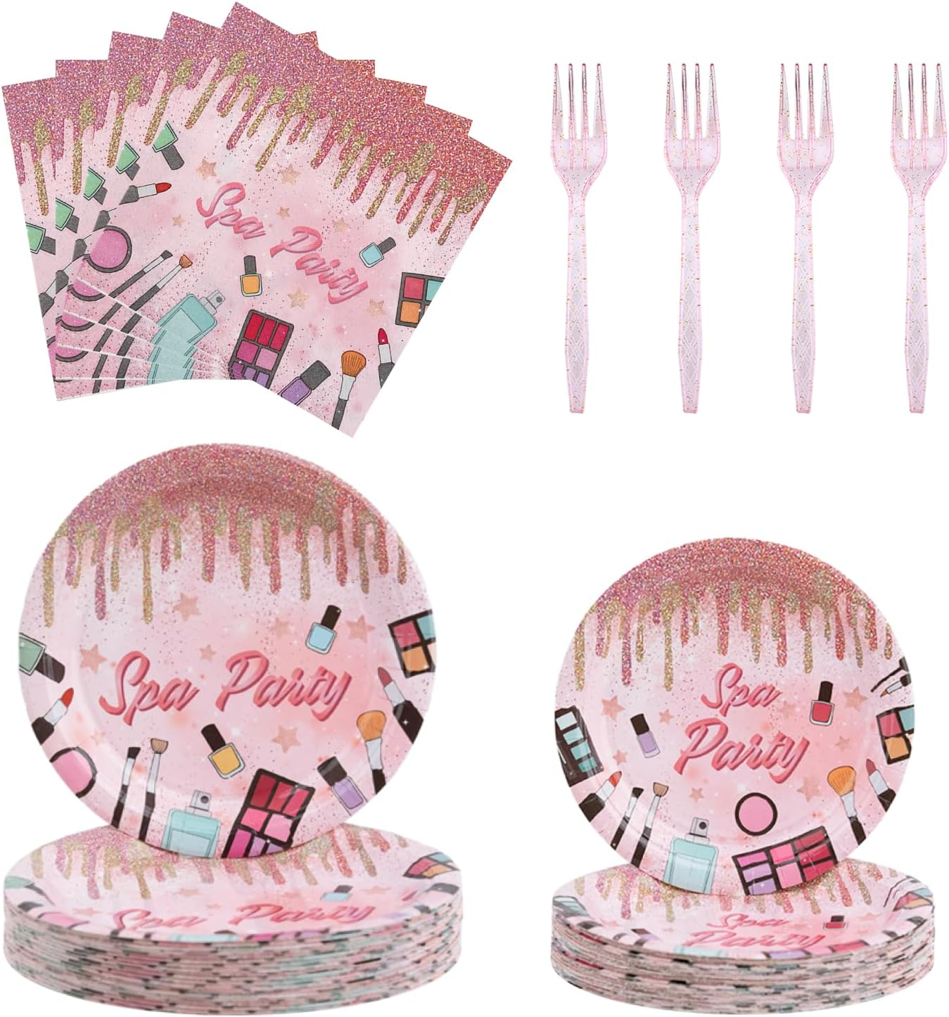 Spa Party Tableware Set, Spa Day Decorations Makeup Birthday Party with Plates Forks Napkins Spa Theme Supplies Kit for Girls Kids, Serves 24