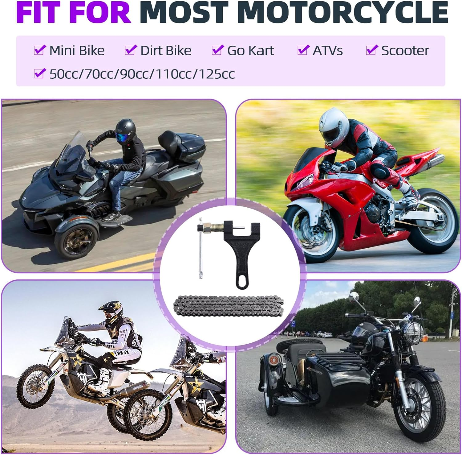 Swpeet 59" 420 Standard Roller Chain Motorcycle Kit - 132 Links with Chain Breaker, Carbon Steel Drive for 110Cc 125Cc Dirt Pit Bike ATV Quad Go Kart Scooter image number 6