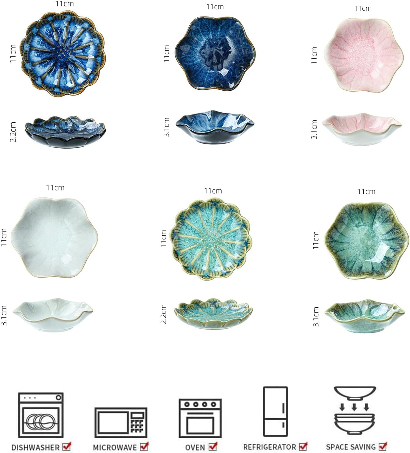 Famhome Multipurpose Japanese Ceramic Dipping Sauce Dishes - Fancy Bowl Set for Side Dish, Seasoning, Soy Sauce (Set of 6) image number 5