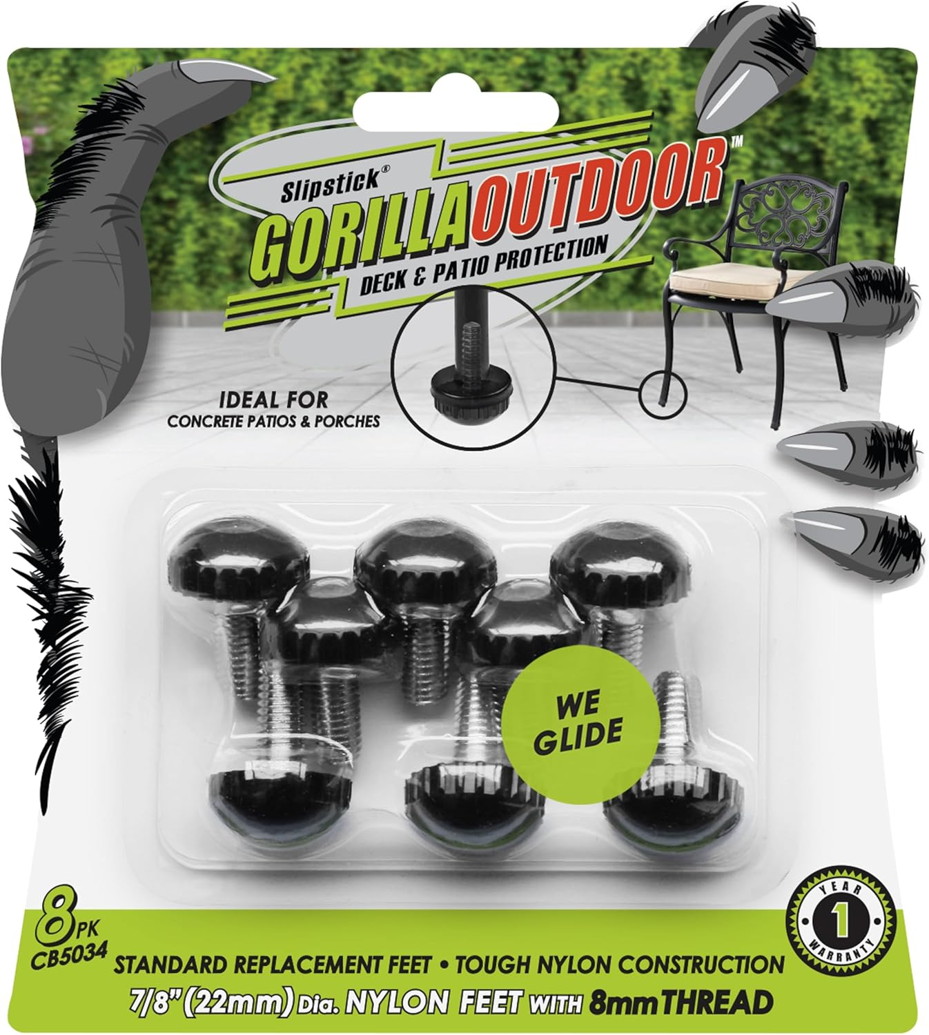 Slipstick Gorilla Outdoor Adjustable Furniture Levelers (8 Pack) Weatherproof Screw in Leg Glides for Chairs, Tables, and Outdoor Furniture Feet, 28Mm Slider Glide, M8 Thread