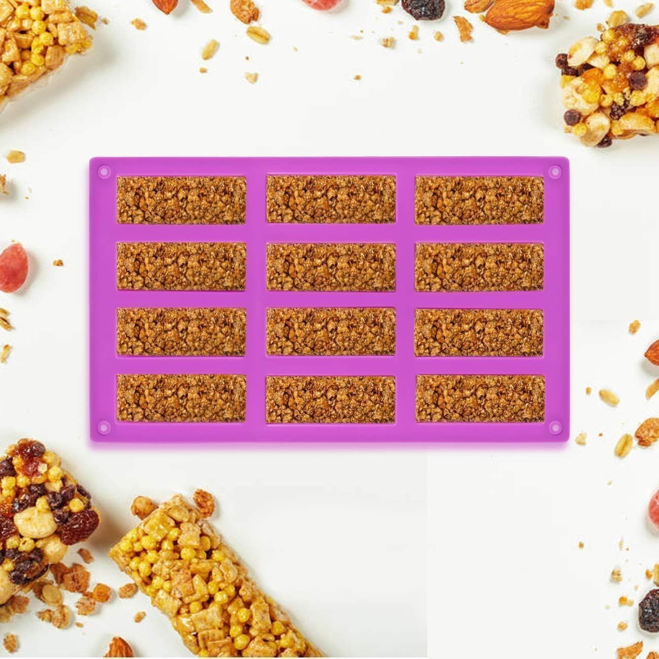 Silicone Granola Bar Molds, Rectangle, for Energy Bars, Cereal, Protein, Brownie, Cheesecake & More - Chocolate & Candy Molds, 12 Cavity Pack