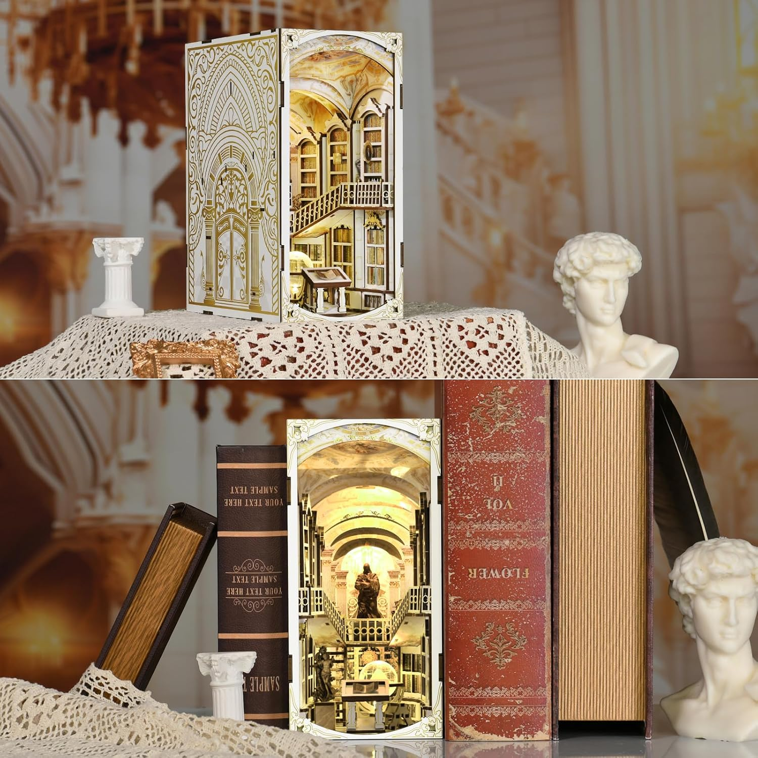 Book Nook Kit, DIY Miniature Dollhouse Booknook Kit, 3D Wooden Puzzle Bookend Bookshelf Insert Decor with LED Light for Teens and Adults (Library of Gods) - Library Of Gods image number 2