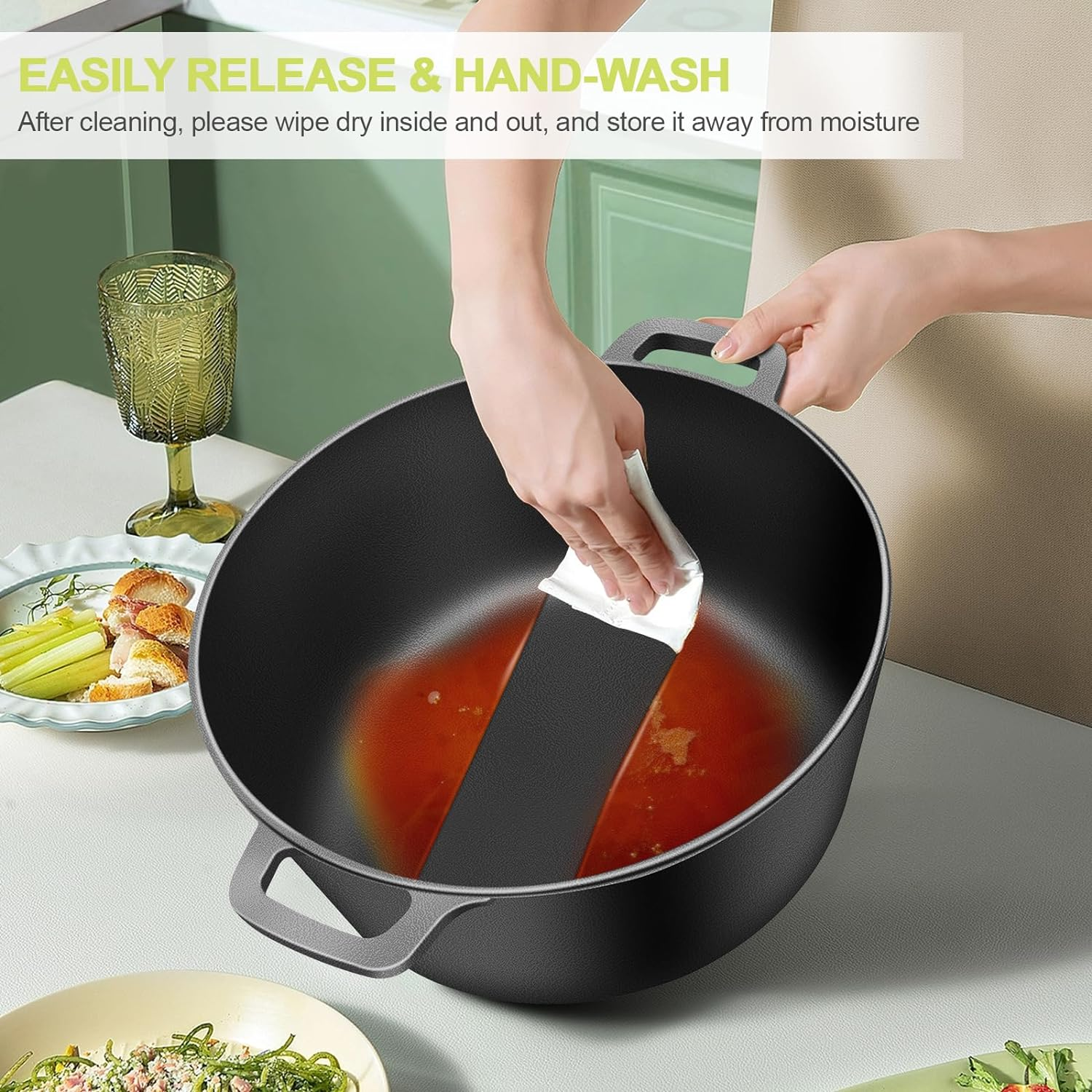 RAINBEAN 2-In-1 Pre-Seasoned Cast Iron Dutch Oven Pot with Skillet Lid Cooking Pan,5.5 QT Dual Handles Dutch Oven Pot with Lid,Heavy-Duty Non-Stick round Dutch Oven for Bread Baking, Stewing, Roasting image number 5