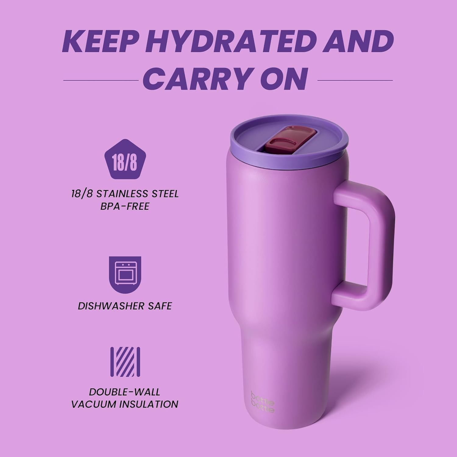 Bottle Bottle 40 Oz Tumbler with Handle and Straw,Stainless Steel Vacuum Travel Mug,Car Cup with Straw, Stainless Steel Vacuum Water Bottle for Gifts Party Office Coffee (Purple Sunset) image number 4