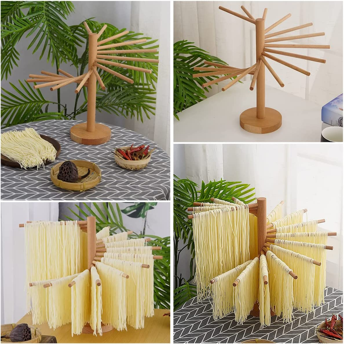 Collapsible Pasta Drying Rack, Wooden Spaghetti Stand Dryer with 16 Suspension Rods Homemade Fresh Noodle Tree Stand Hanger, Easy Storage & Quick Set-Up Hanging Rack for Home Kitchen (A) - B image number 3