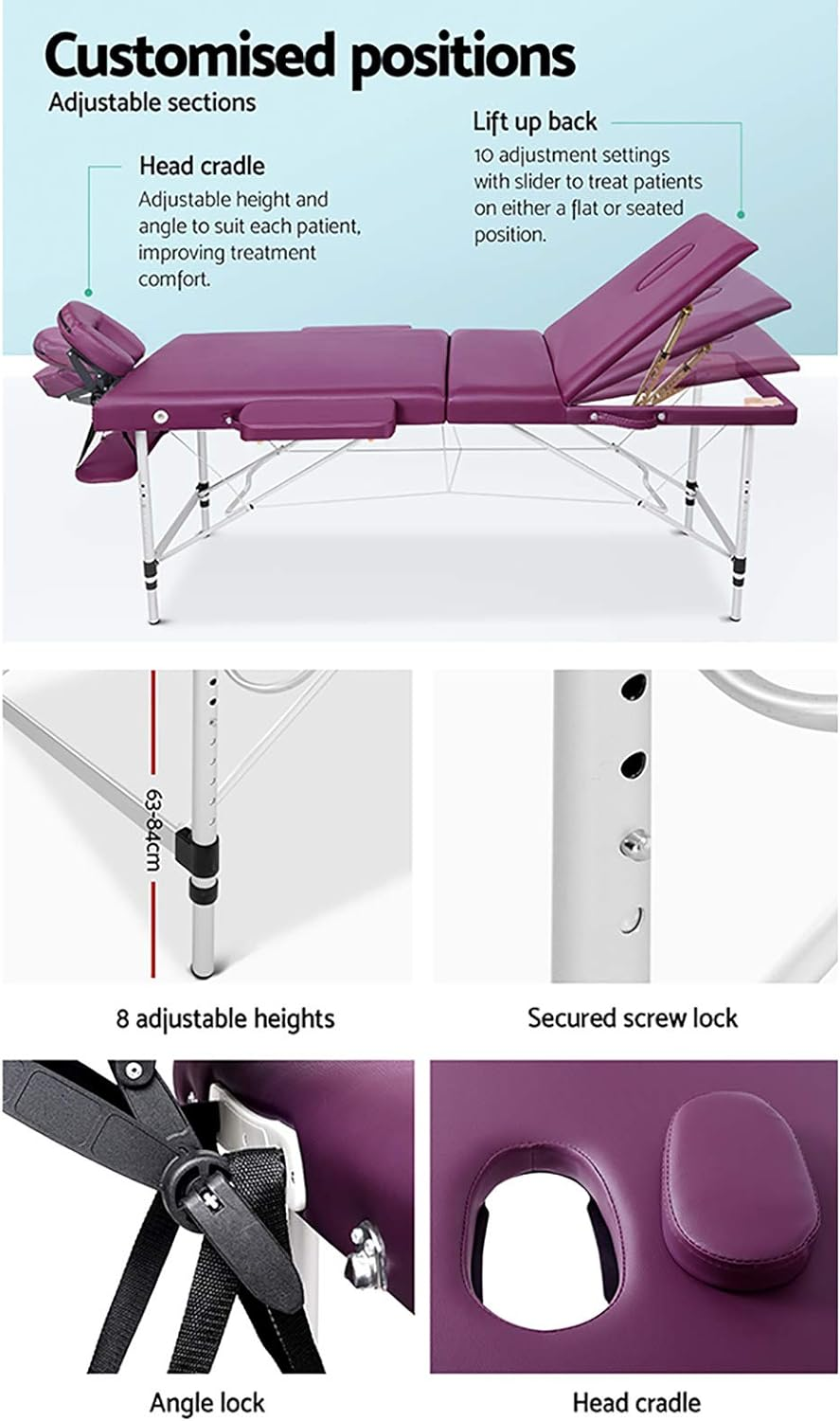Zenses Massage Table Violet 75Cm Portable Aluminium, Massages Therapy Bed Headrest Chairs, Folding 3 Fold Beauty Spa Waxing Bounes Cover Covers Carry Bag image number 3