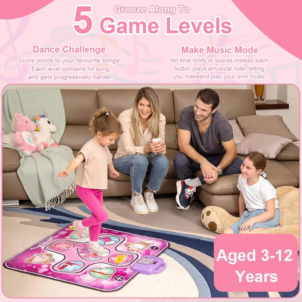 Dance Mat for Girls - Light-Up Musical Dance Pad with Music, 7 Fun Game Modes, Rechargeable & Portable, Kids Aged 3-12 Years (Pink) image number 2
