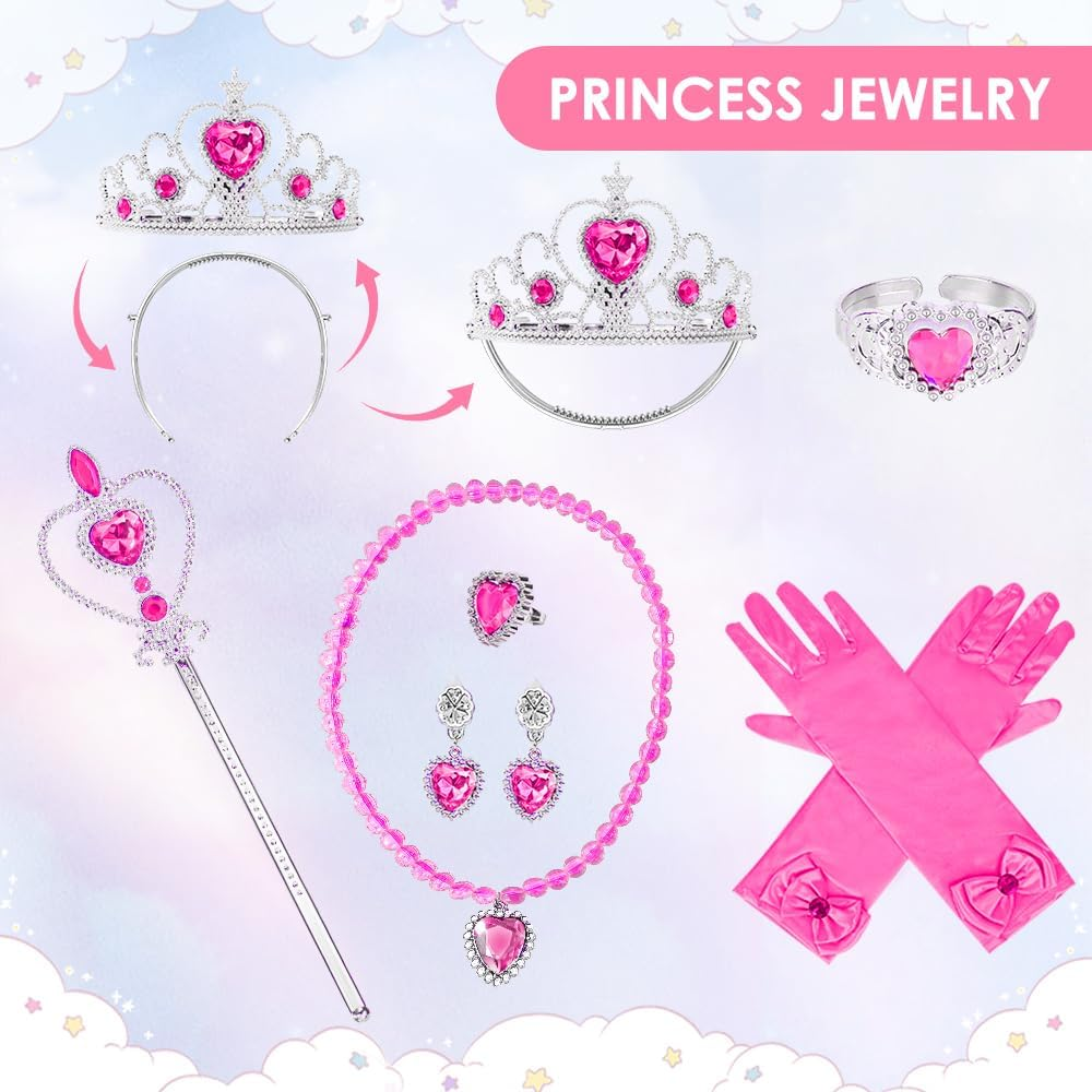 Slowton Princess Cape Set - 11 Pieces Princess Cloak with Handbag Tiara Crown Wand Gloves Jewelry - Princess Dress up Costume for Halloween Cosplay Christmas Birthday Party, Aged 3-8 image number 5