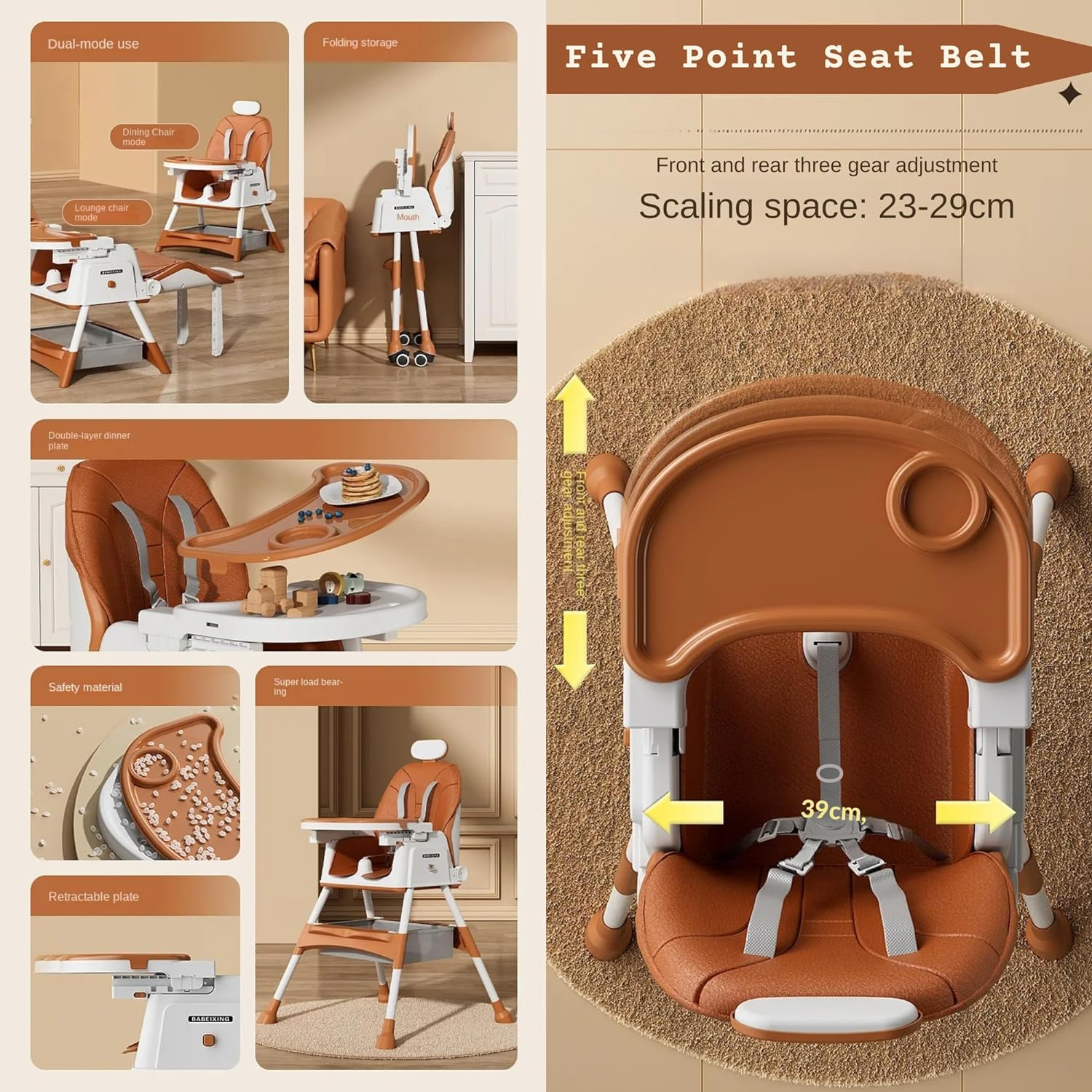 New Multifunctional Baby Highchair with 4 Wheels | Infant/Toddler Dining Chair Adjustable Highchair | Multi-Gear Tray, Removable Seat Cushion & 5 Point Harness, Portable High Chair (Brown) image number 1