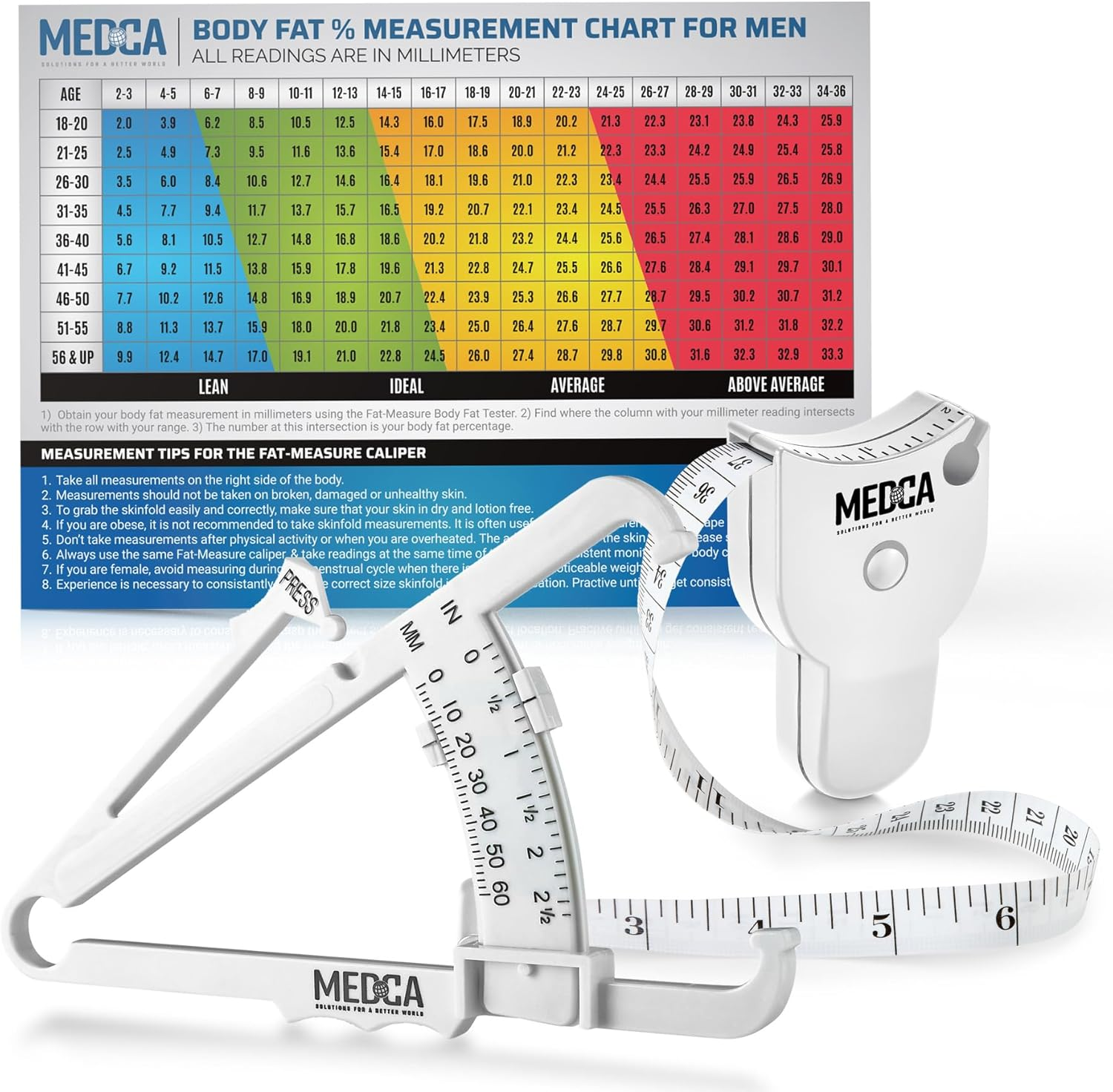 Body Fat Caliper and Measuring Tape for Body - Skinfold Calipers and Body Fat Tape Measure Tool for Accurately Measuring BMI Skin Fold Fitness and Weight-Loss - New Upgraded Design (White) &hellip;